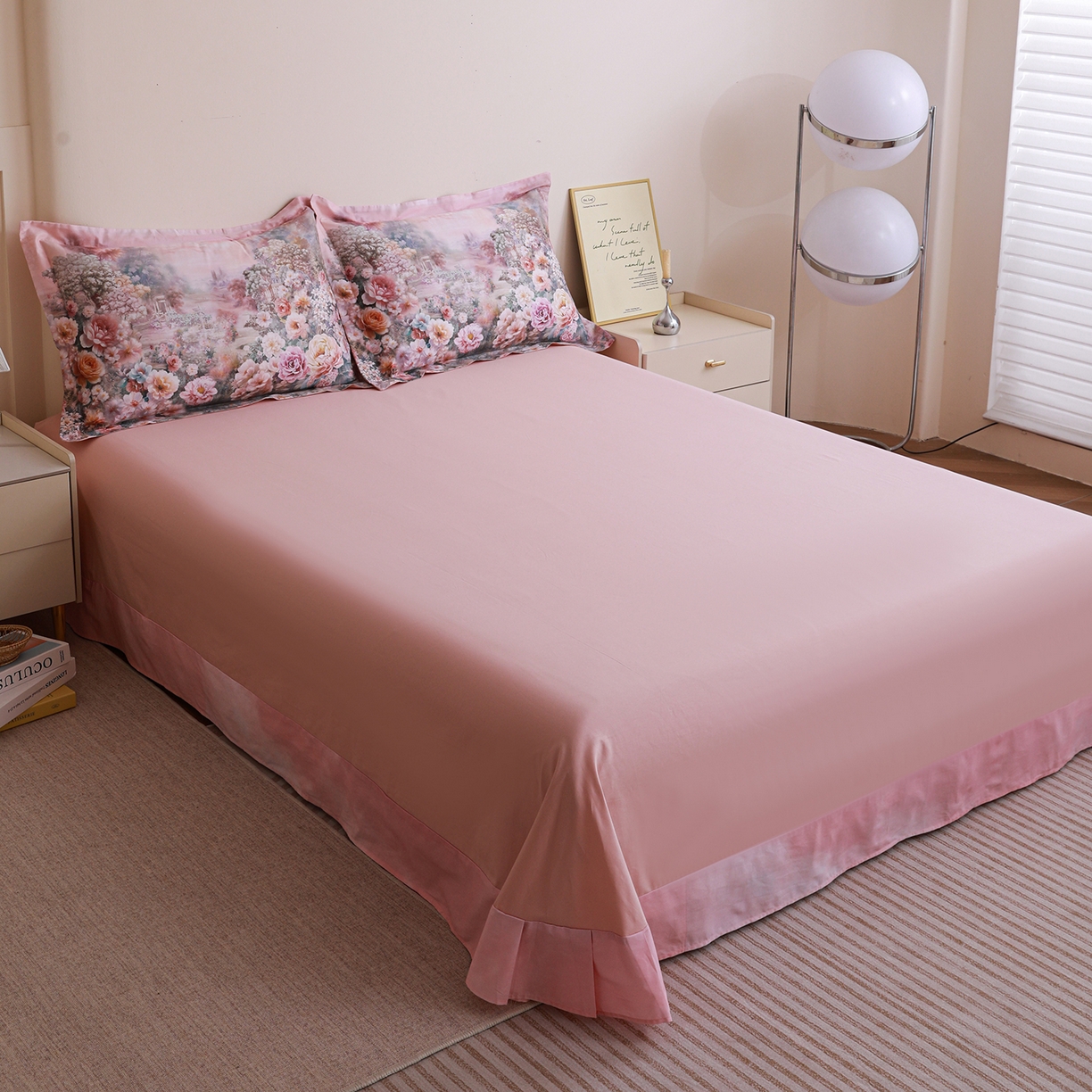 91家纺网 家纺一手货源 找家纺 朵希曼 2026新款全棉纯棉大版定位13376数码印花系列四件套 池花映日-粉