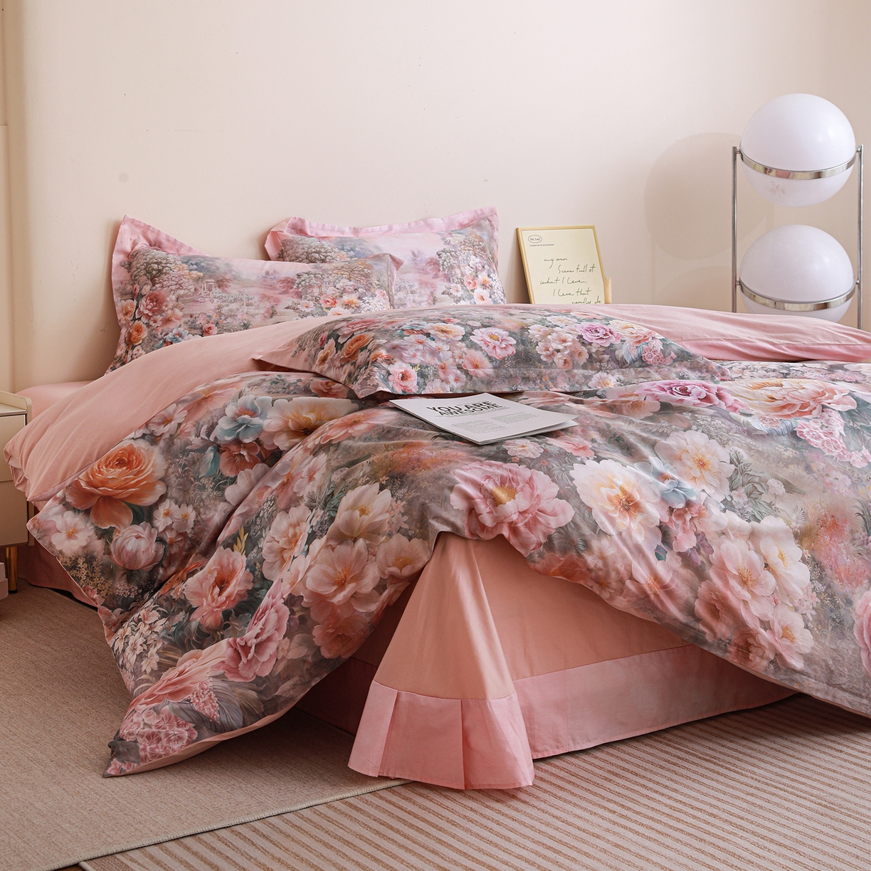 91家纺网 家纺一手货源 找家纺 朵希曼 2026新款全棉纯棉大版定位13376数码印花系列四件套 池花映日-粉