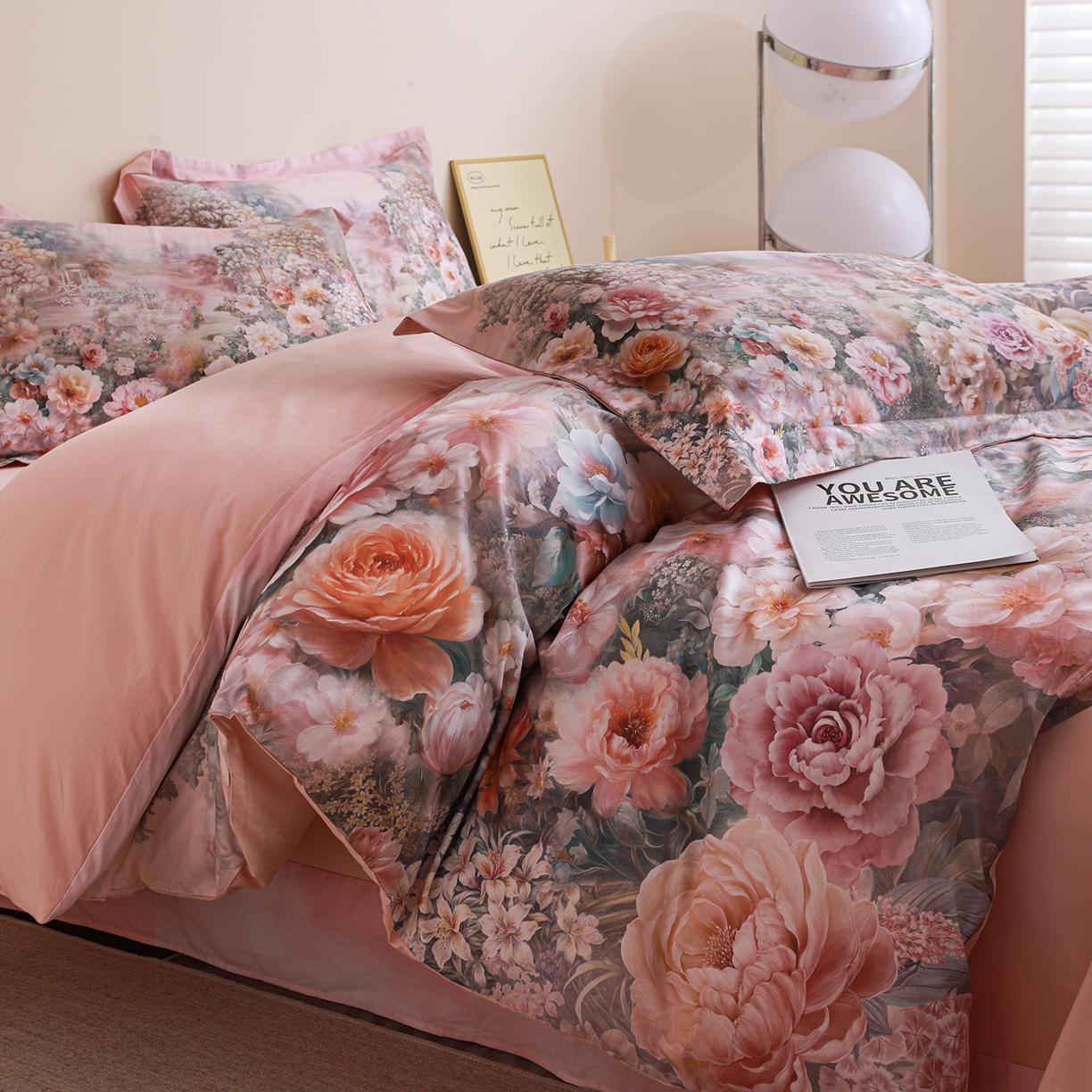 91家纺网 家纺一手货源 找家纺 朵希曼 2026新款全棉纯棉大版定位13376数码印花系列四件套 池花映日-粉