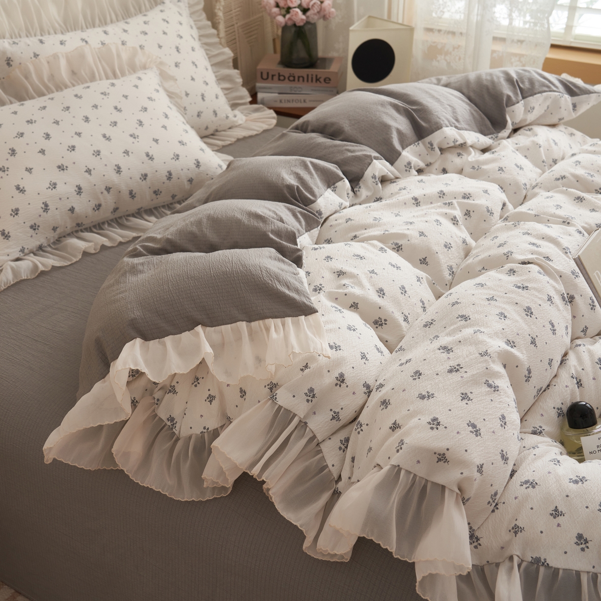 91家纺网 家纺一手货源 找家纺 晨曦家纺 2026春夏新款皱雾纱泡芙纱水洗少女ins风韩版四件套 松烟星子