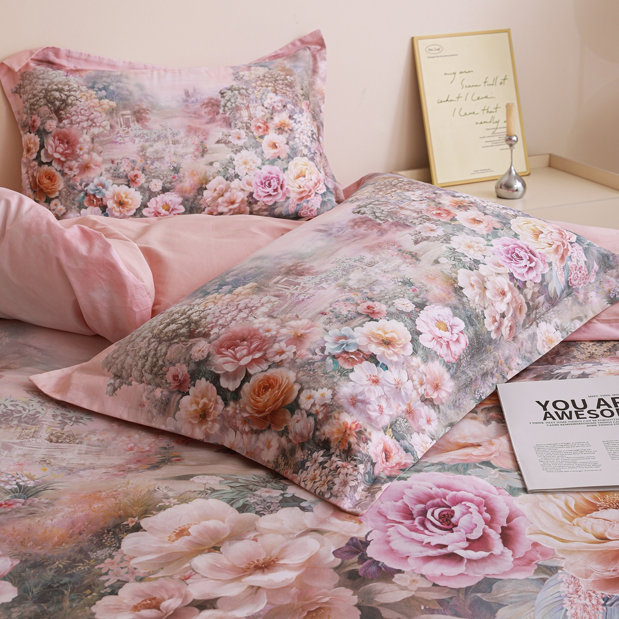 91家纺网 家纺一手货源 找家纺 朵希曼 2026新款全棉纯棉大版定位13376数码印花系列四件套 池花映日-粉