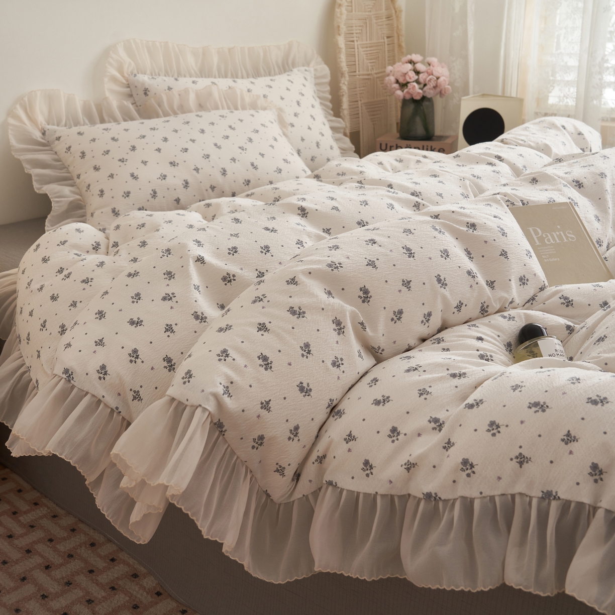 91家纺网 家纺一手货源 找家纺 晨曦家纺 2026春夏新款皱雾纱泡芙纱水洗少女ins风韩版四件套 松烟星子