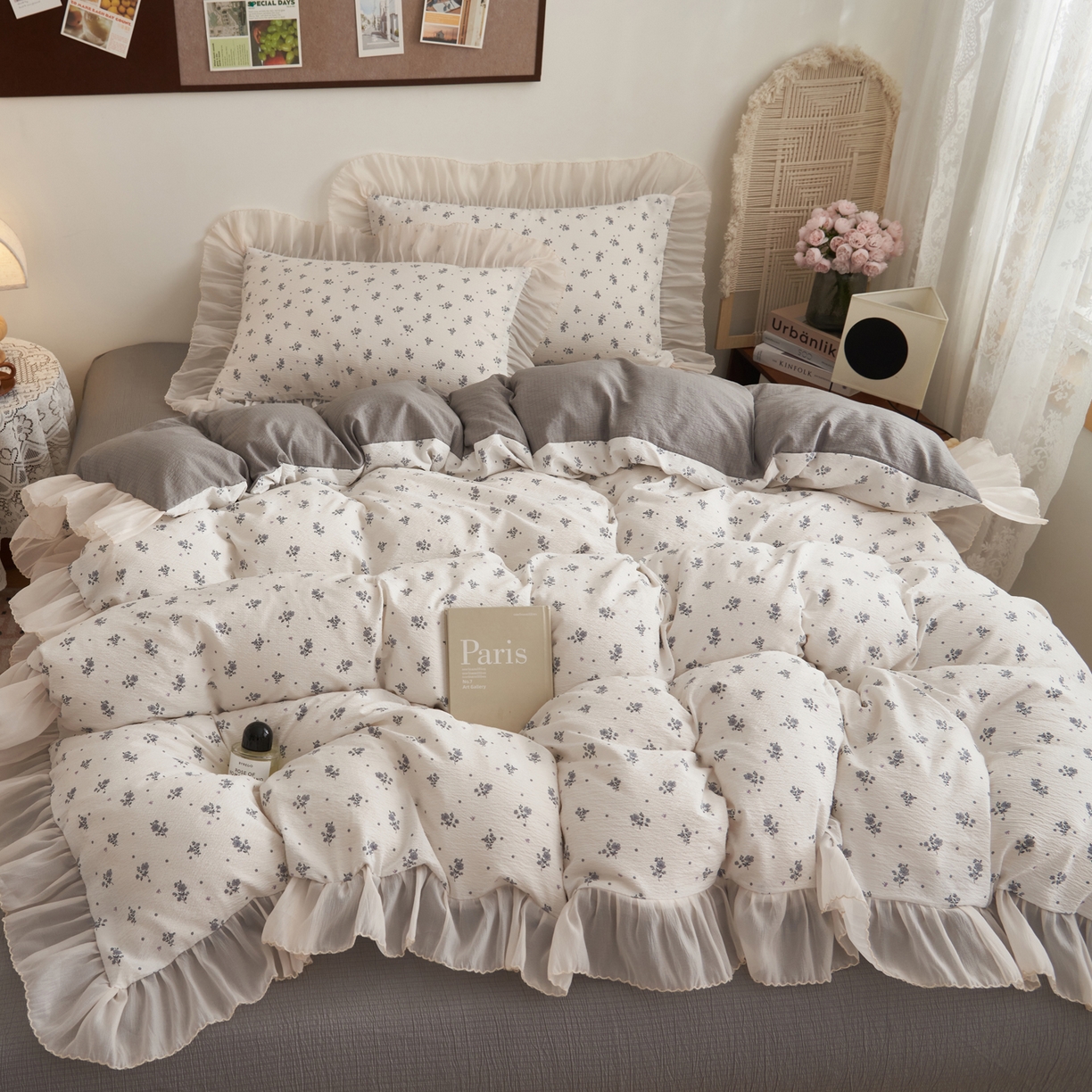 91家纺网 家纺一手货源 找家纺 晨曦家纺 2026春夏新款皱雾纱泡芙纱水洗少女ins风韩版四件套 松烟星子