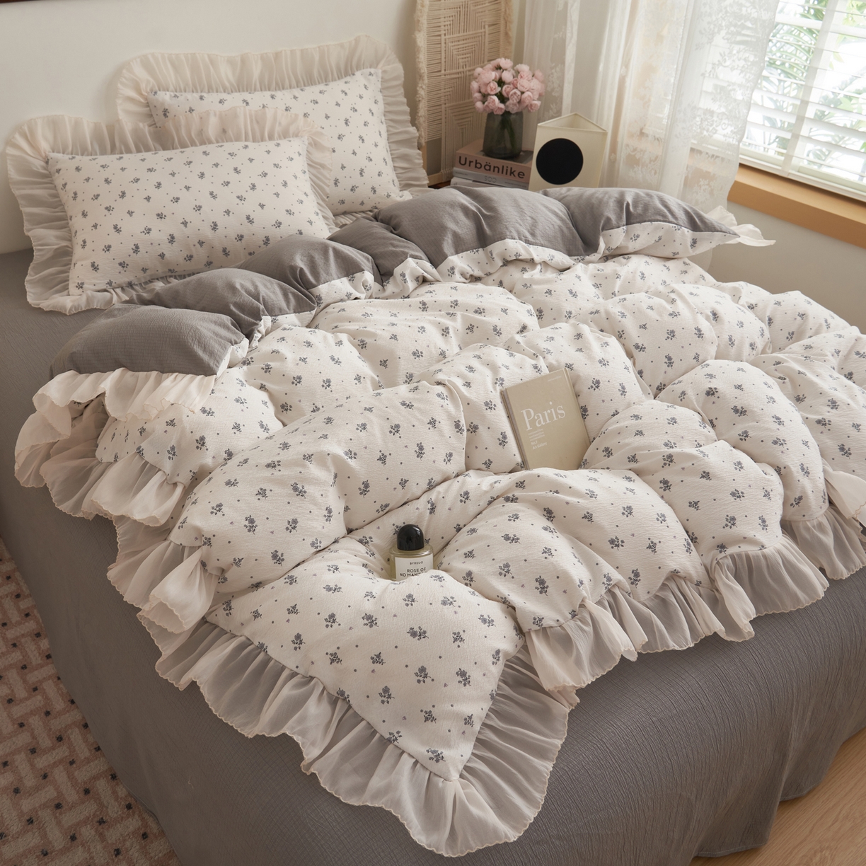 91家纺网 家纺一手货源 找家纺 晨曦家纺 2026春夏新款皱雾纱泡芙纱水洗少女ins风韩版四件套 松烟星子