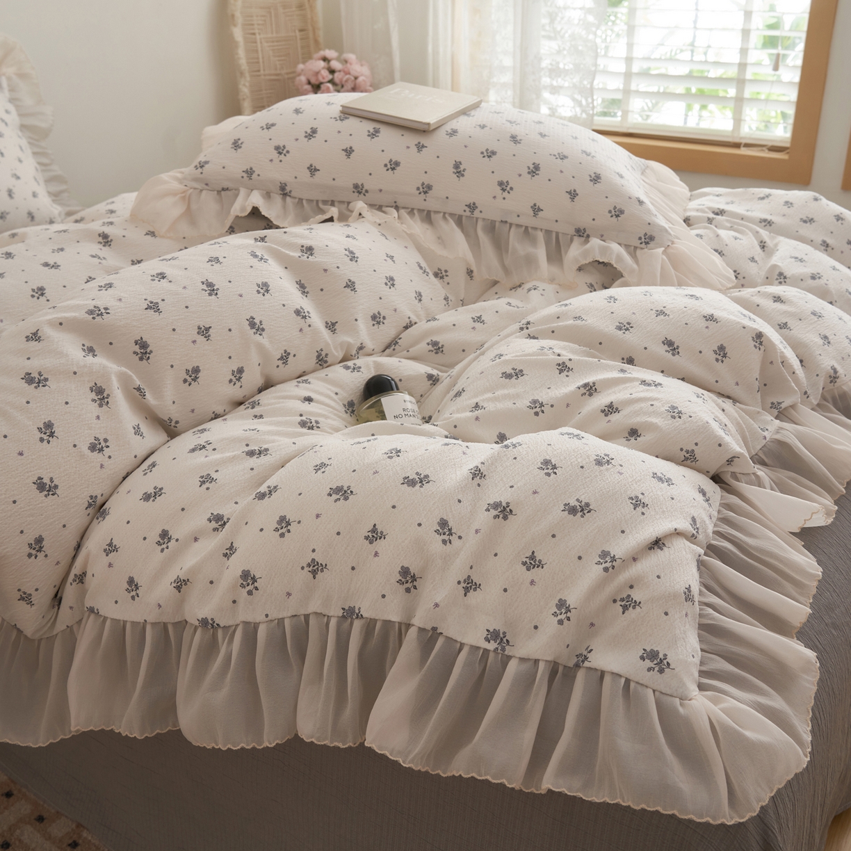 91家纺网 家纺一手货源 找家纺 晨曦家纺 2026春夏新款皱雾纱泡芙纱水洗少女ins风韩版四件套 松烟星子