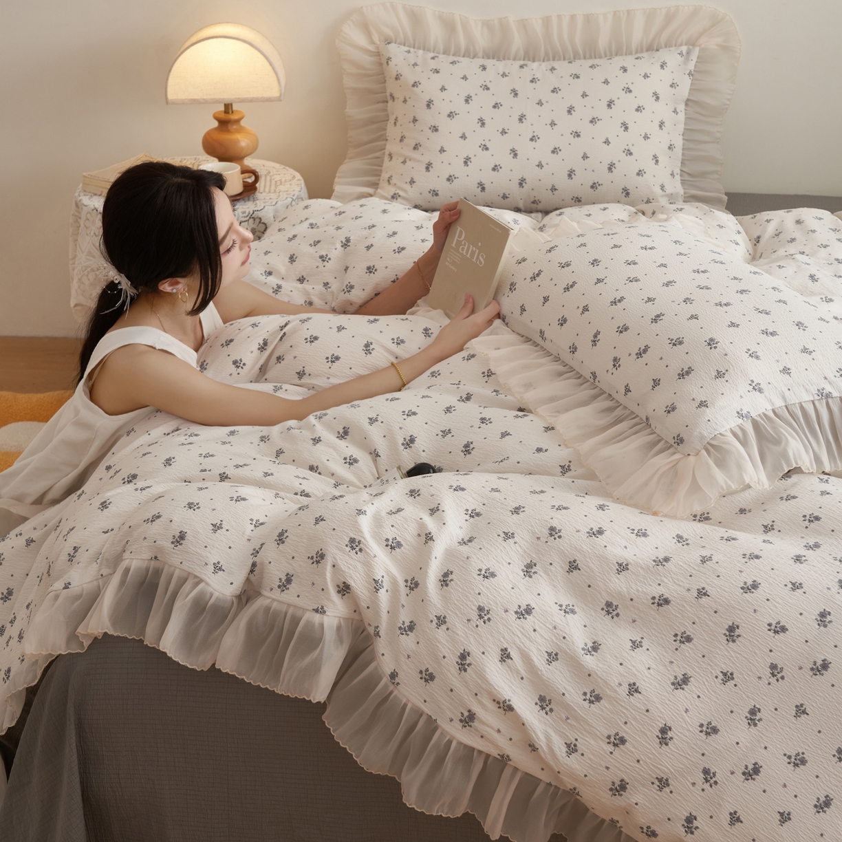 91家纺网 家纺一手货源 找家纺 晨曦家纺 2026春夏新款皱雾纱泡芙纱水洗少女ins风韩版四件套 松烟星子