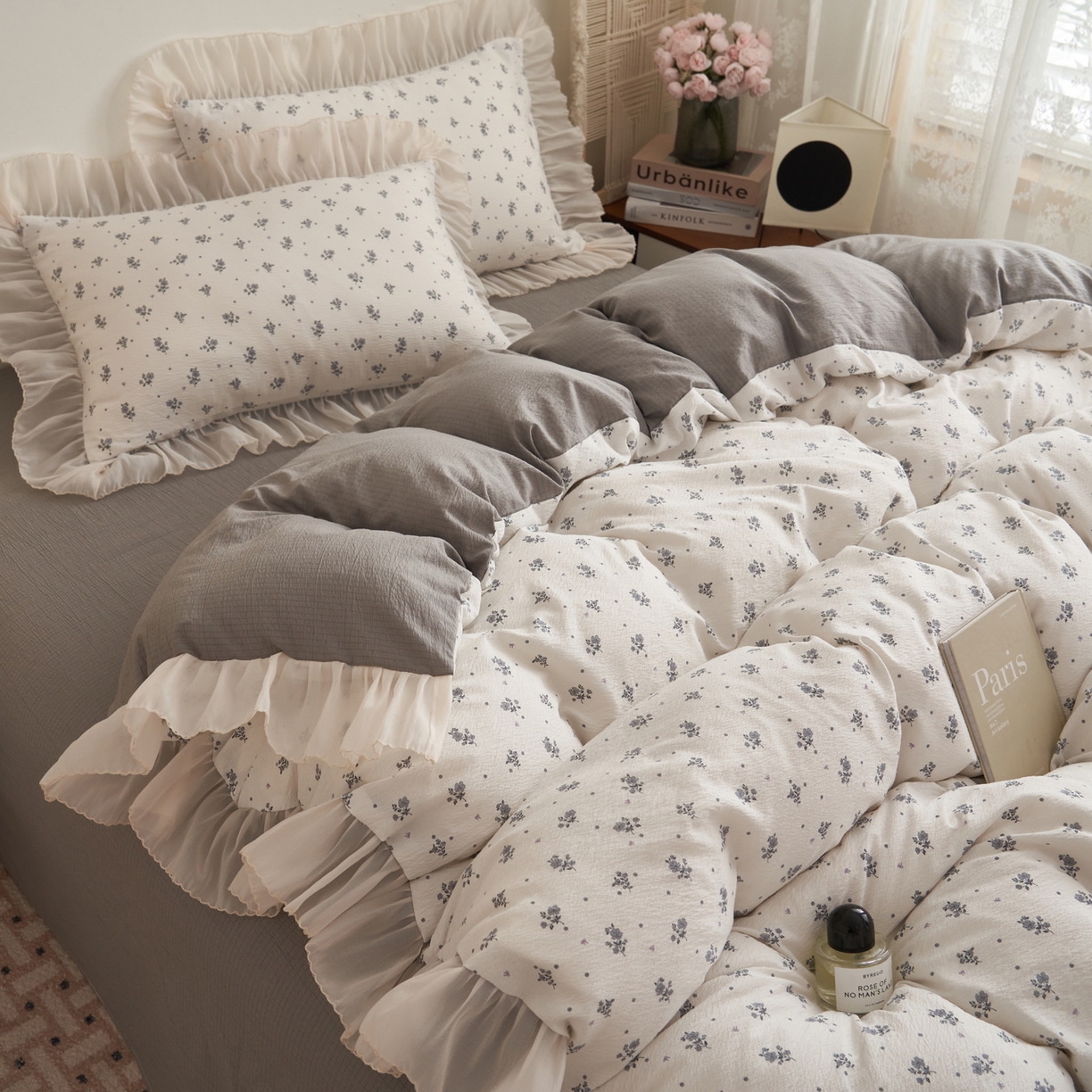 91家纺网 家纺一手货源 找家纺 晨曦家纺 2026春夏新款皱雾纱泡芙纱水洗少女ins风韩版四件套 松烟星子