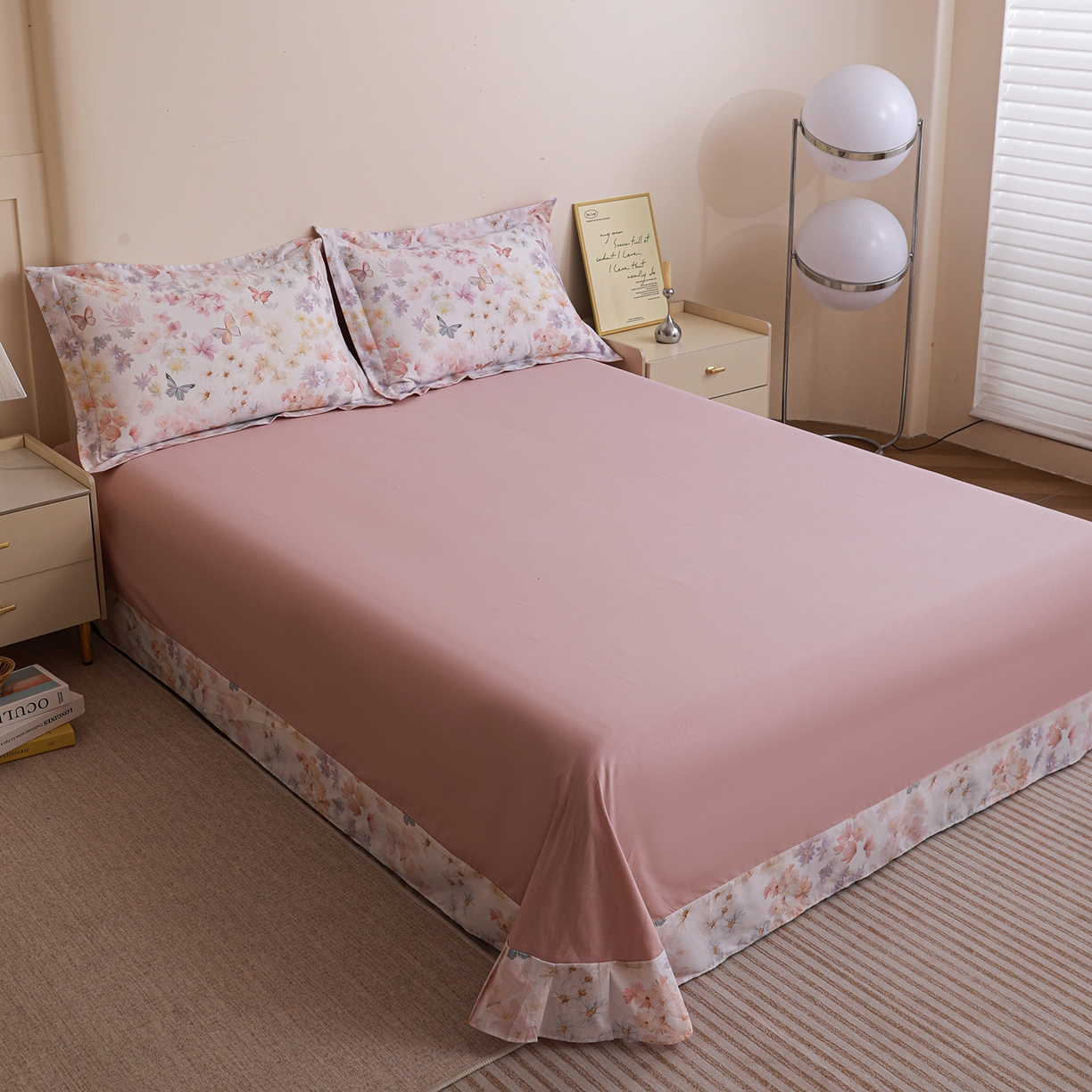 91家纺网 家纺一手货源 找家纺 朵希曼 2026新款全棉纯棉大版定位13376数码印花系列四件套 蝶影入怀-粉