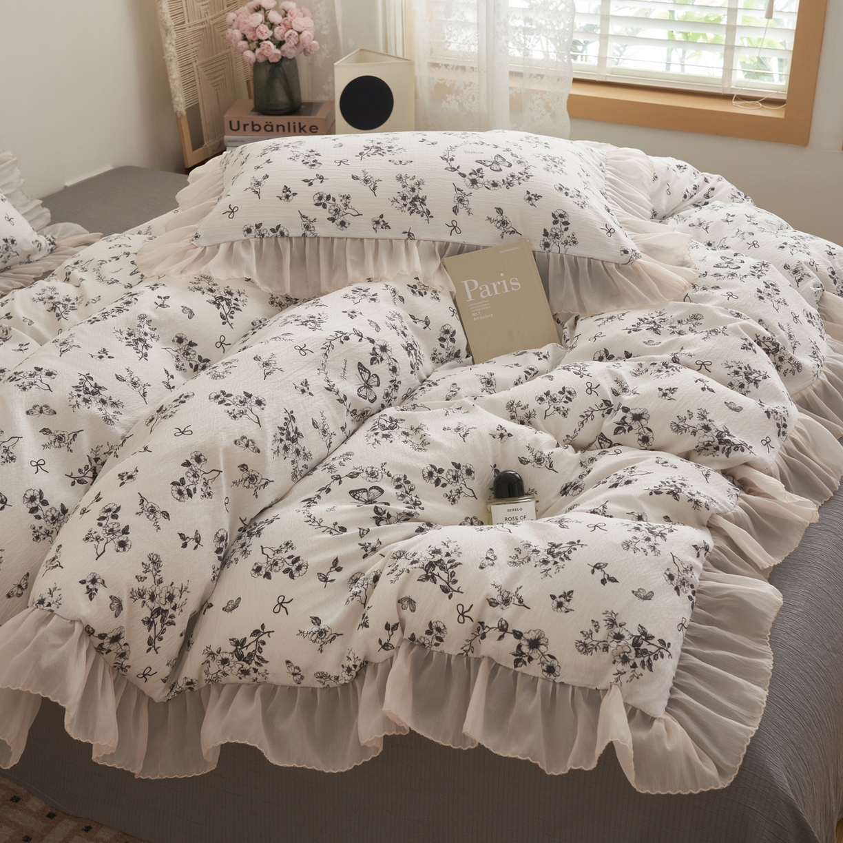 91家纺网 家纺一手货源 找家纺 晨曦家纺 2026春夏新款皱雾纱泡芙纱水洗少女ins风韩版四件套 素墨蝶语