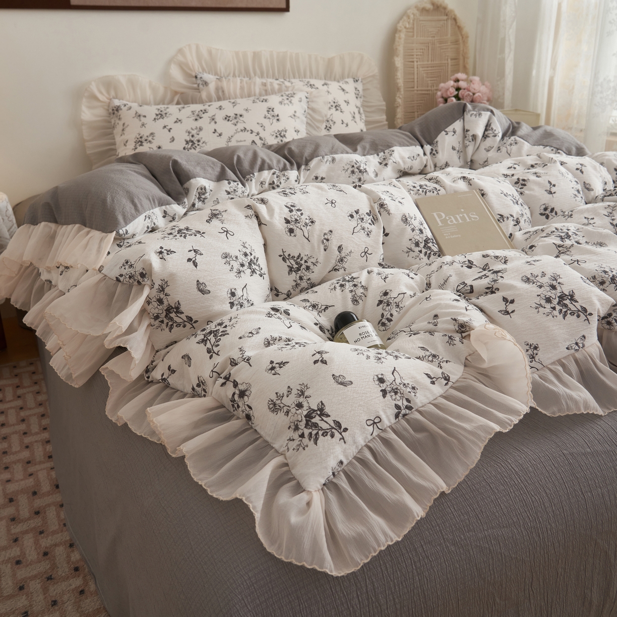 91家纺网 家纺一手货源 找家纺 晨曦家纺 2026春夏新款皱雾纱泡芙纱水洗少女ins风韩版四件套 素墨蝶语