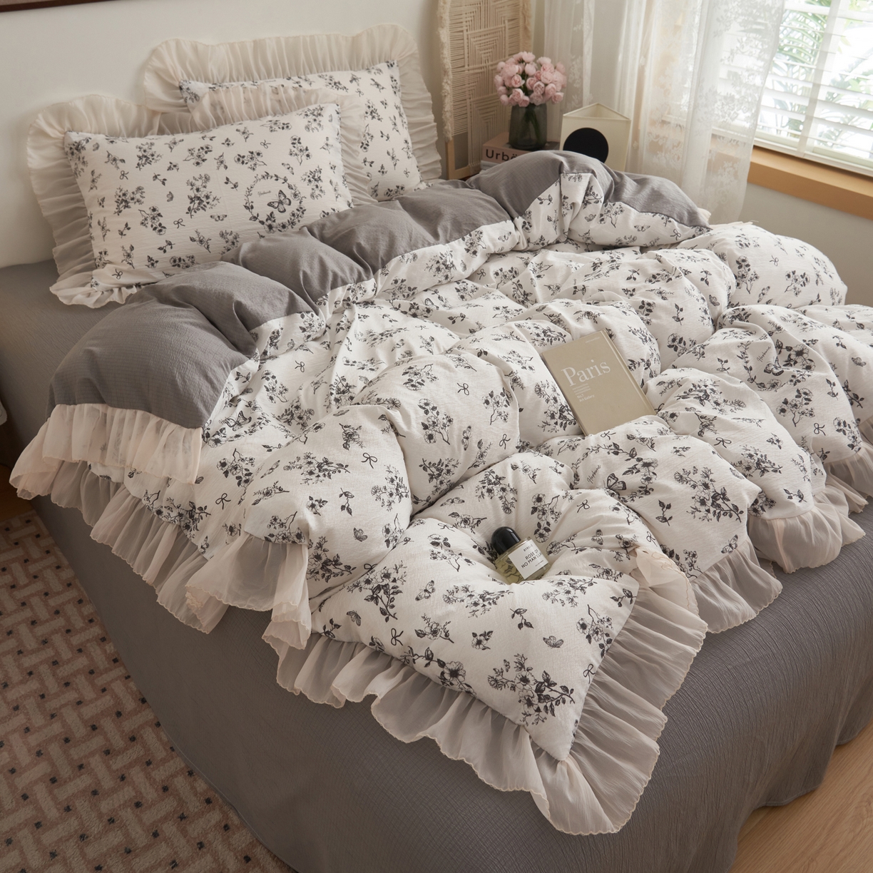 91家纺网 家纺一手货源 找家纺 晨曦家纺 2026春夏新款皱雾纱泡芙纱水洗少女ins风韩版四件套 素墨蝶语