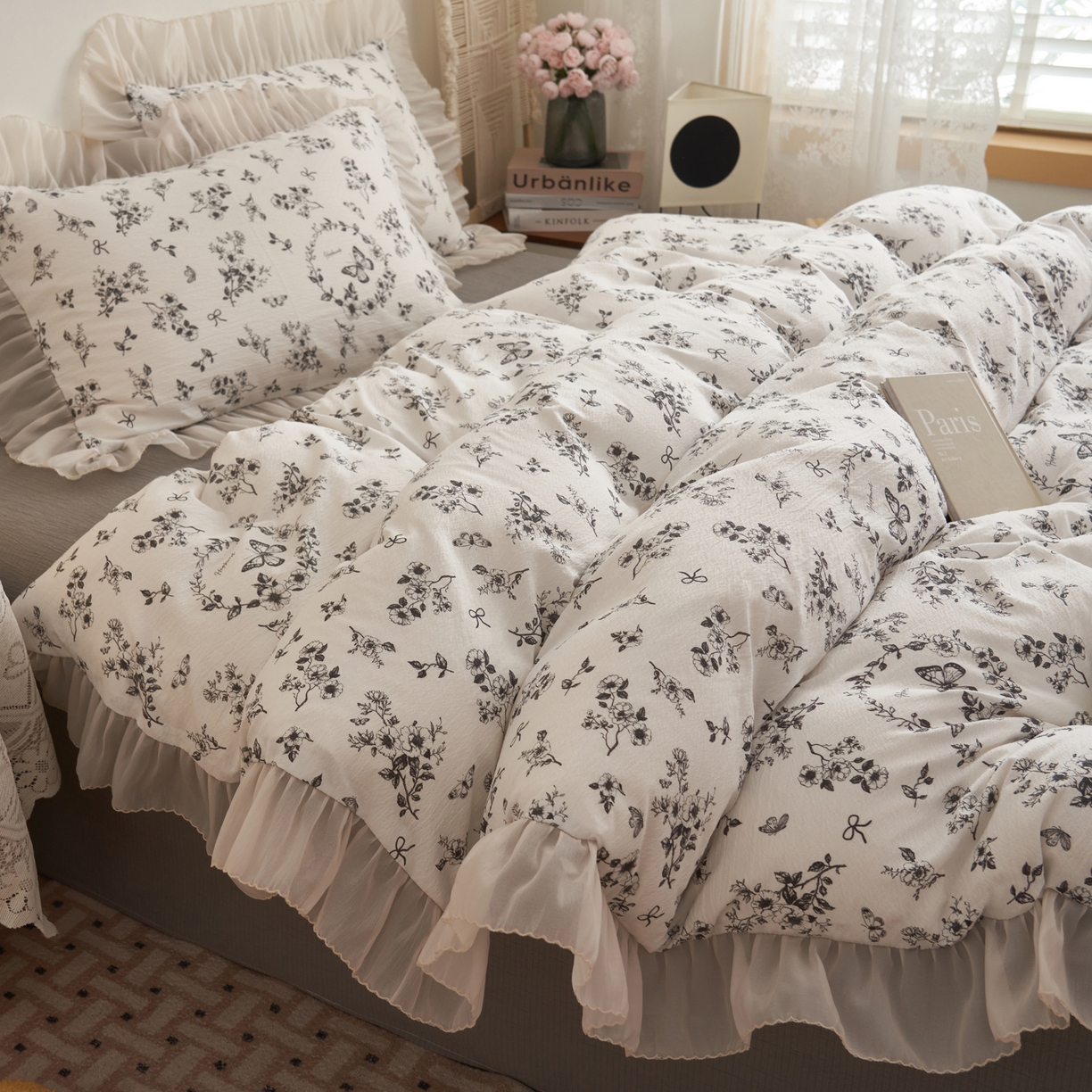 91家纺网 家纺一手货源 找家纺 晨曦家纺 2026春夏新款皱雾纱泡芙纱水洗少女ins风韩版四件套 素墨蝶语