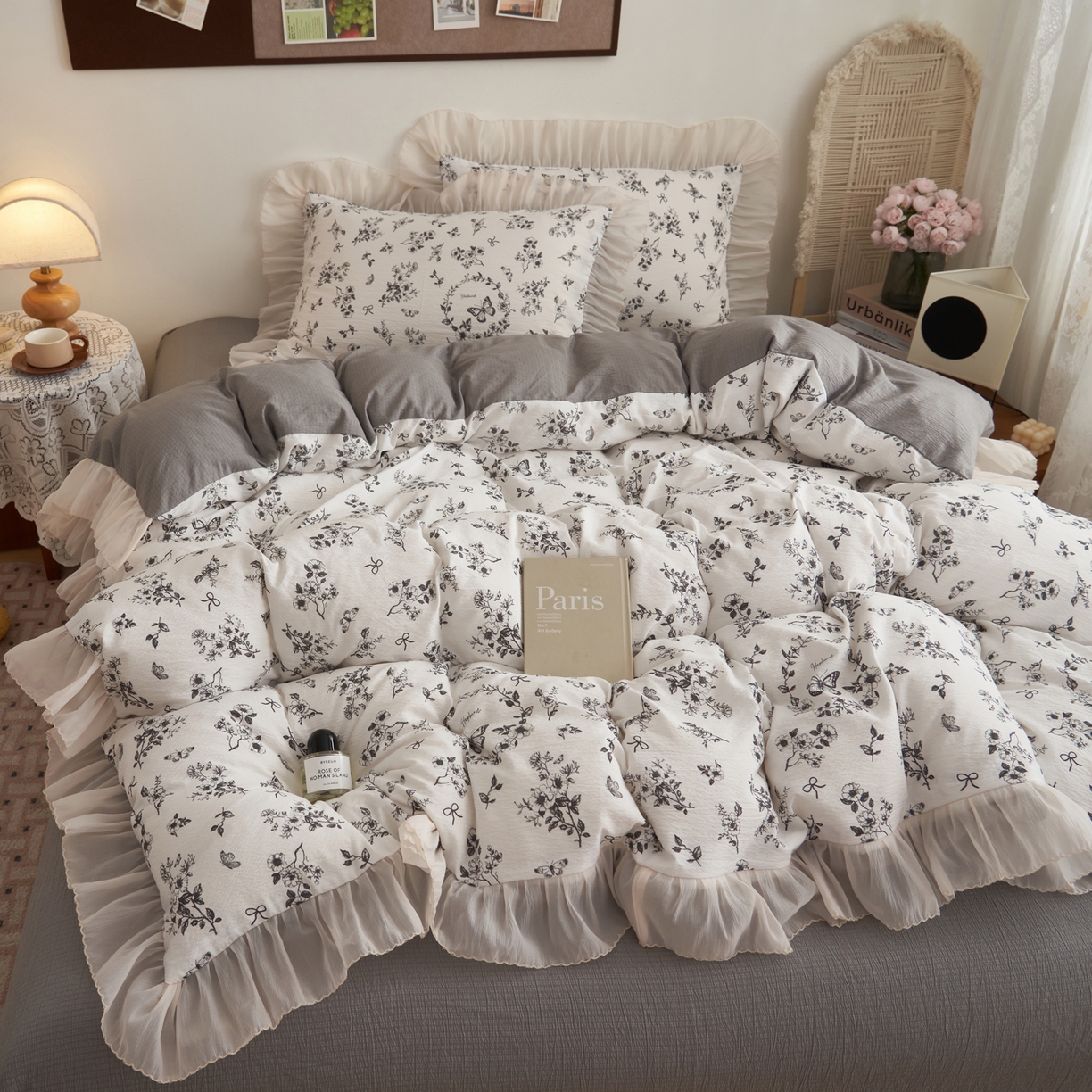 91家纺网 家纺一手货源 找家纺 晨曦家纺 2026春夏新款皱雾纱泡芙纱水洗少女ins风韩版四件套 素墨蝶语