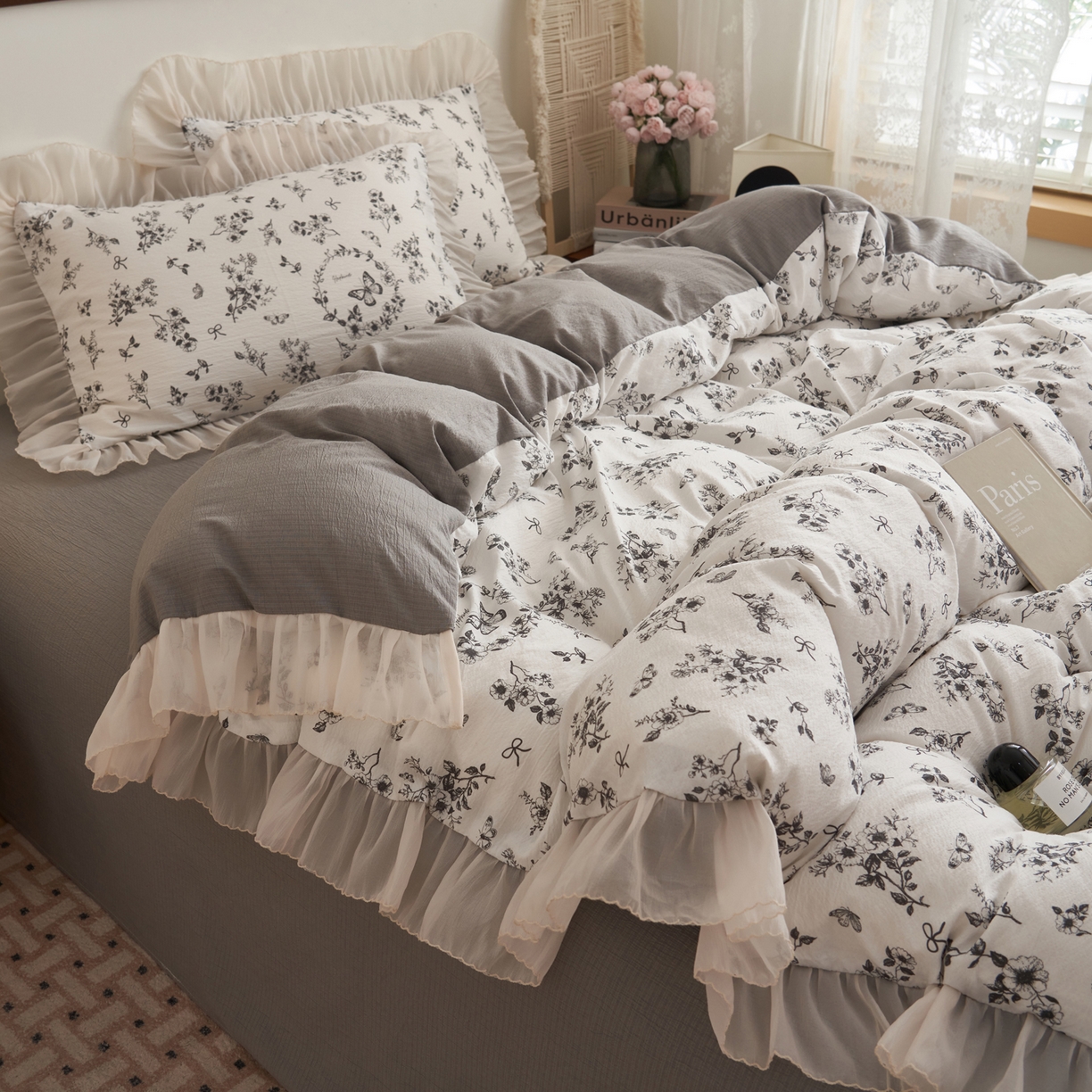 91家纺网 家纺一手货源 找家纺 晨曦家纺 2026春夏新款皱雾纱泡芙纱水洗少女ins风韩版四件套 素墨蝶语