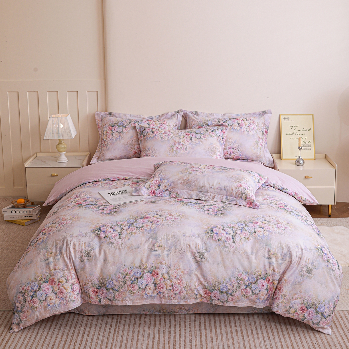 朵希曼 2026新款全棉纯棉大版定位13376数码印花系列四件套 花礼-粉