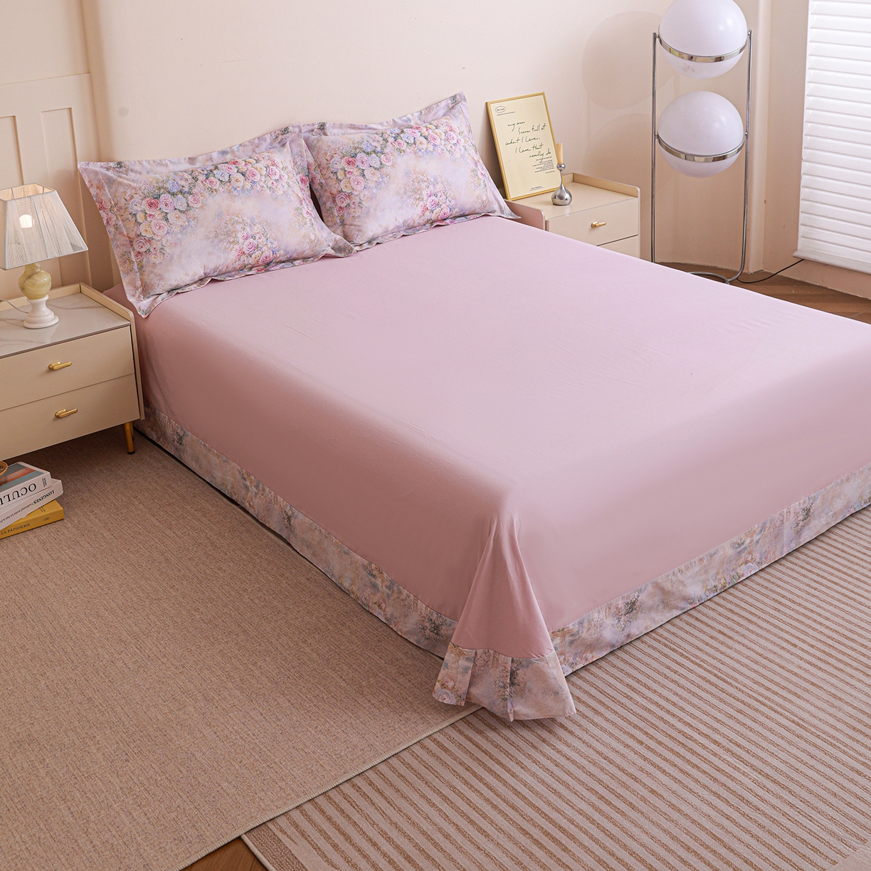 91家纺网 家纺一手货源 找家纺 朵希曼 2026新款全棉纯棉大版定位13376数码印花系列四件套 花礼-粉