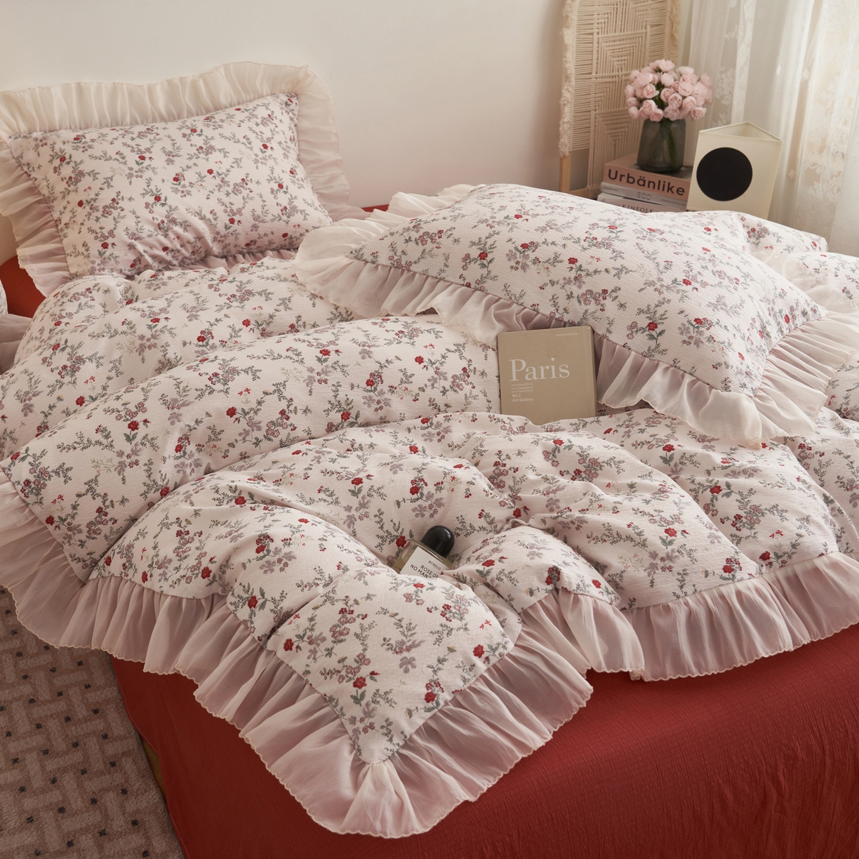 晨曦家纺 2026春夏新款皱雾纱泡芙纱水洗少女ins风韩版四件套 雾里蔷薇