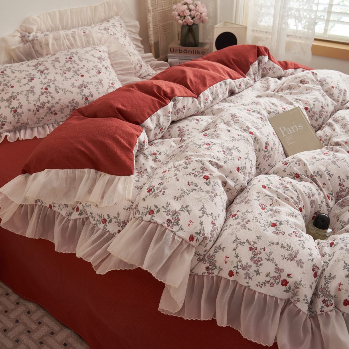 91家纺网 家纺一手货源 找家纺 晨曦家纺 2026春夏新款皱雾纱泡芙纱水洗少女ins风韩版四件套 雾里蔷薇