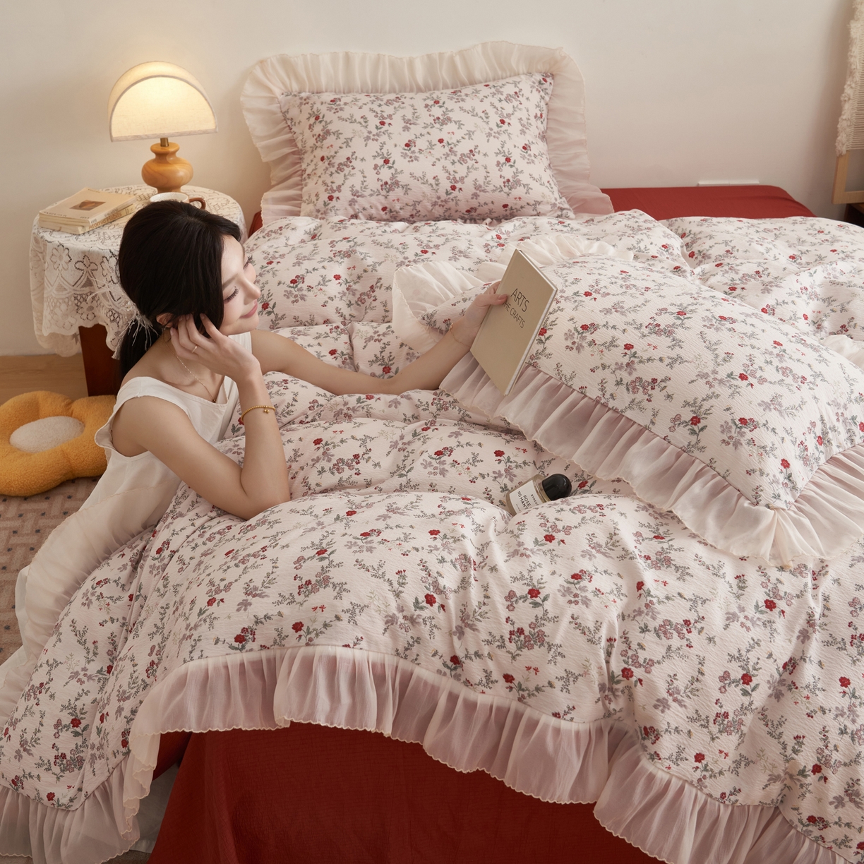 91家纺网 家纺一手货源 找家纺 晨曦家纺 2026春夏新款皱雾纱泡芙纱水洗少女ins风韩版四件套 雾里蔷薇