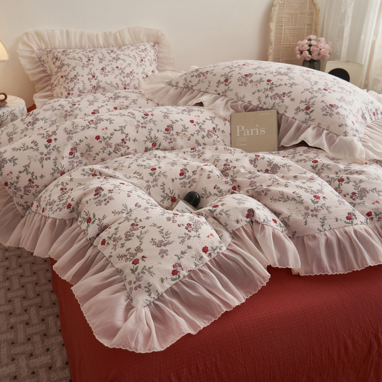 91家纺网 家纺一手货源 找家纺 晨曦家纺 2026春夏新款皱雾纱泡芙纱水洗少女ins风韩版四件套 雾里蔷薇