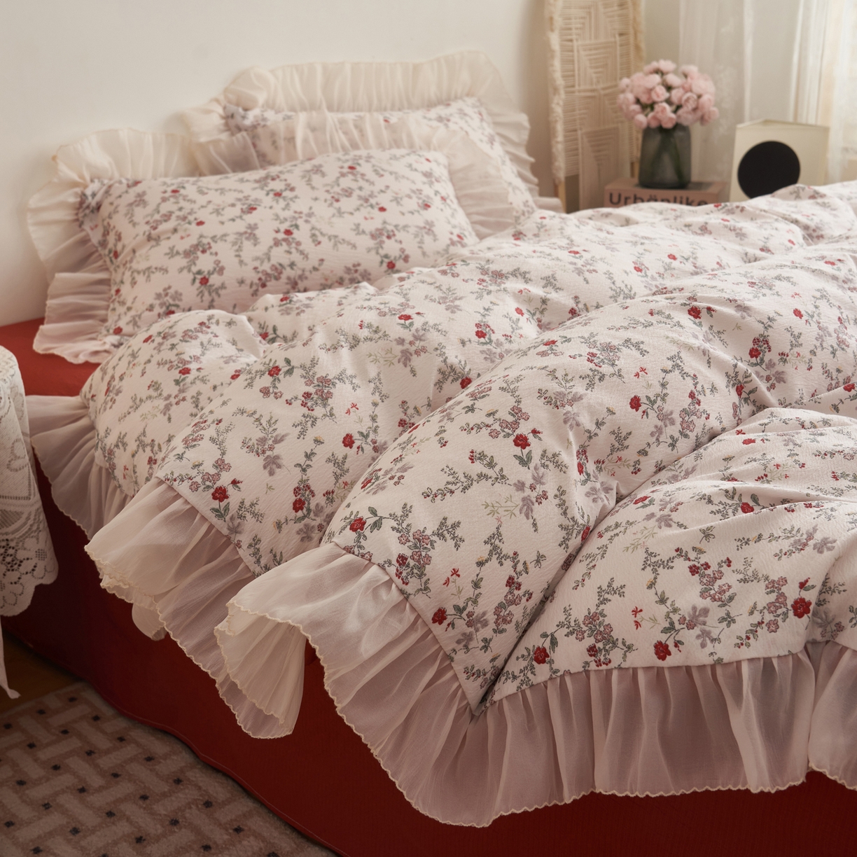 91家纺网 家纺一手货源 找家纺 晨曦家纺 2026春夏新款皱雾纱泡芙纱水洗少女ins风韩版四件套 雾里蔷薇