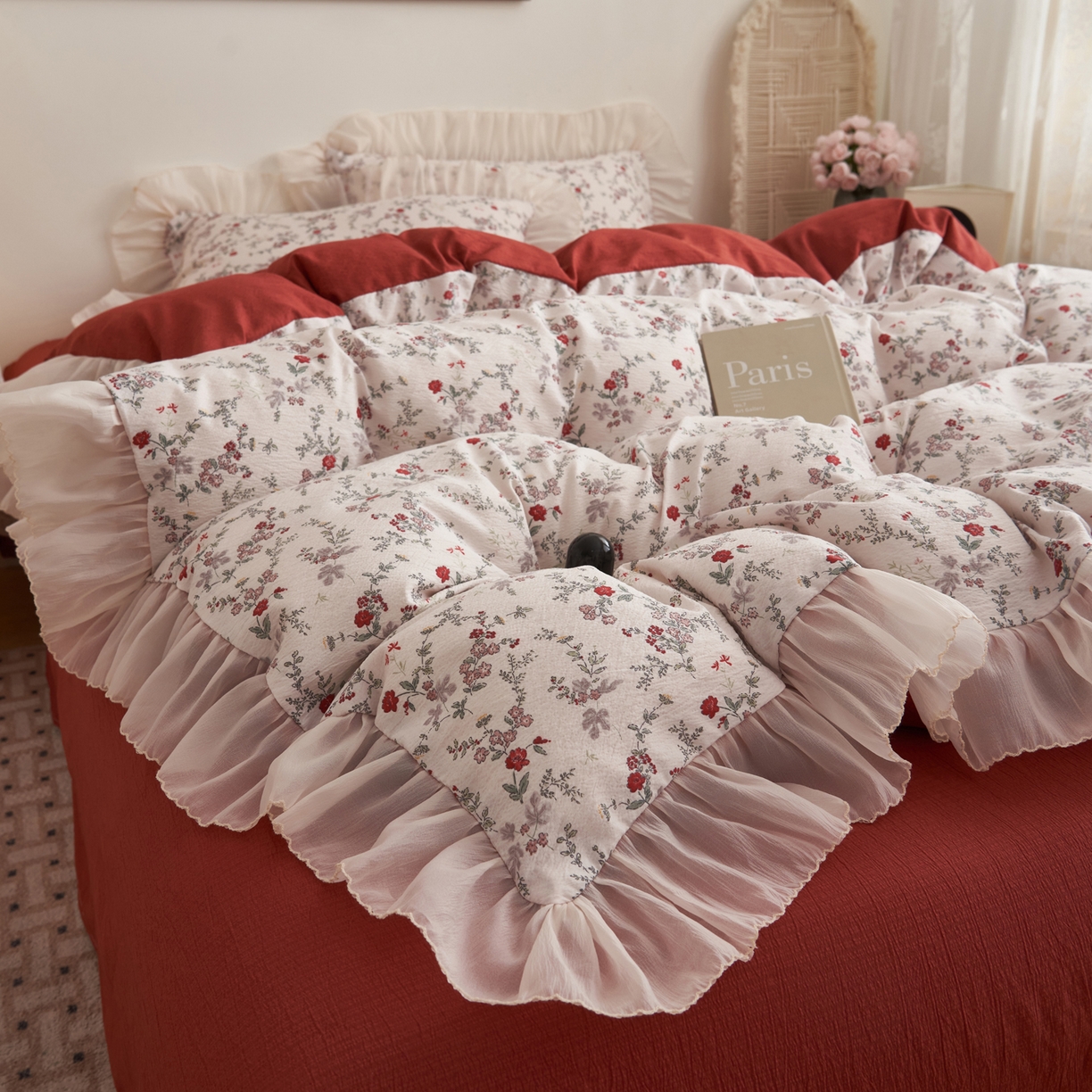 91家纺网 家纺一手货源 找家纺 晨曦家纺 2026春夏新款皱雾纱泡芙纱水洗少女ins风韩版四件套 雾里蔷薇