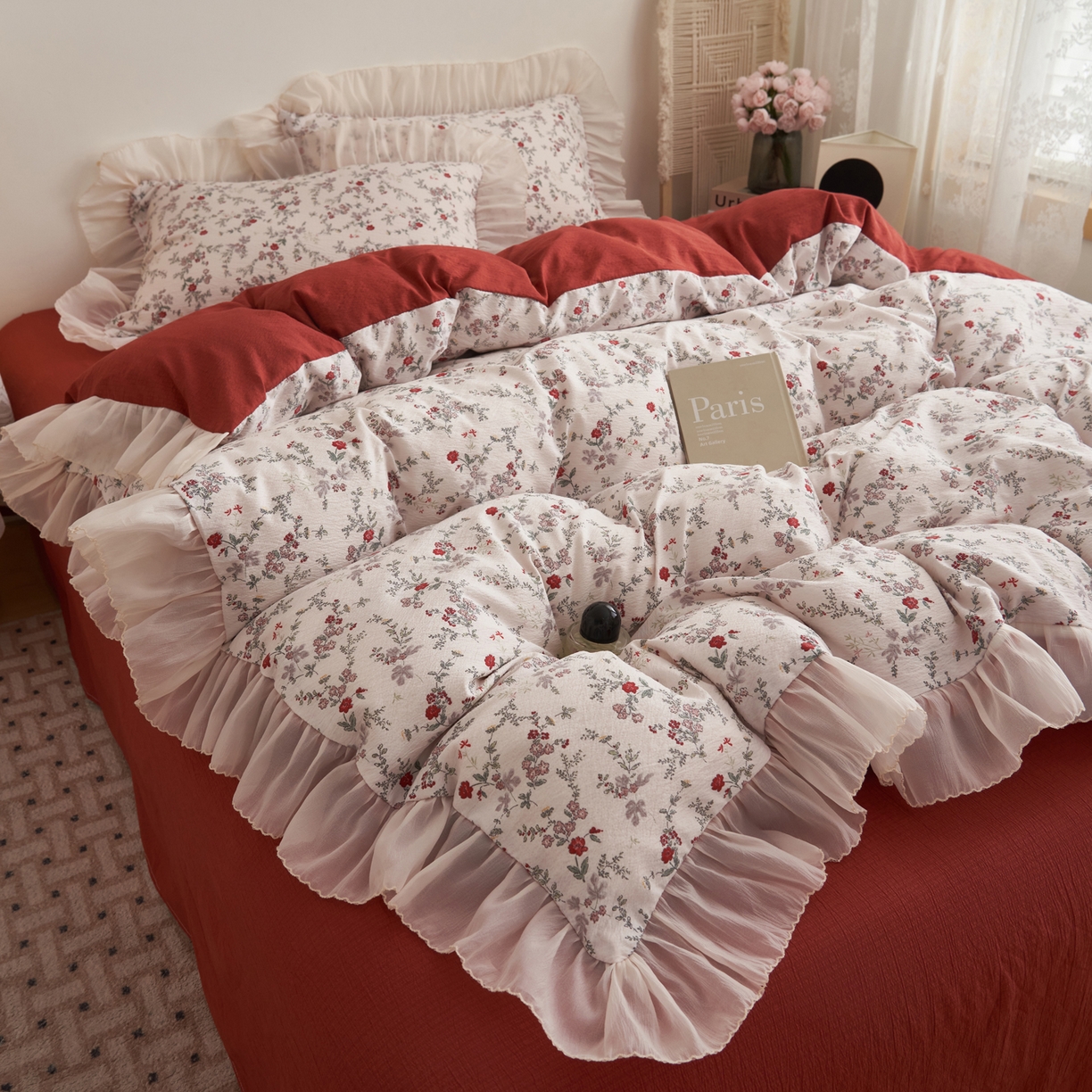 91家纺网 家纺一手货源 找家纺 晨曦家纺 2026春夏新款皱雾纱泡芙纱水洗少女ins风韩版四件套 雾里蔷薇