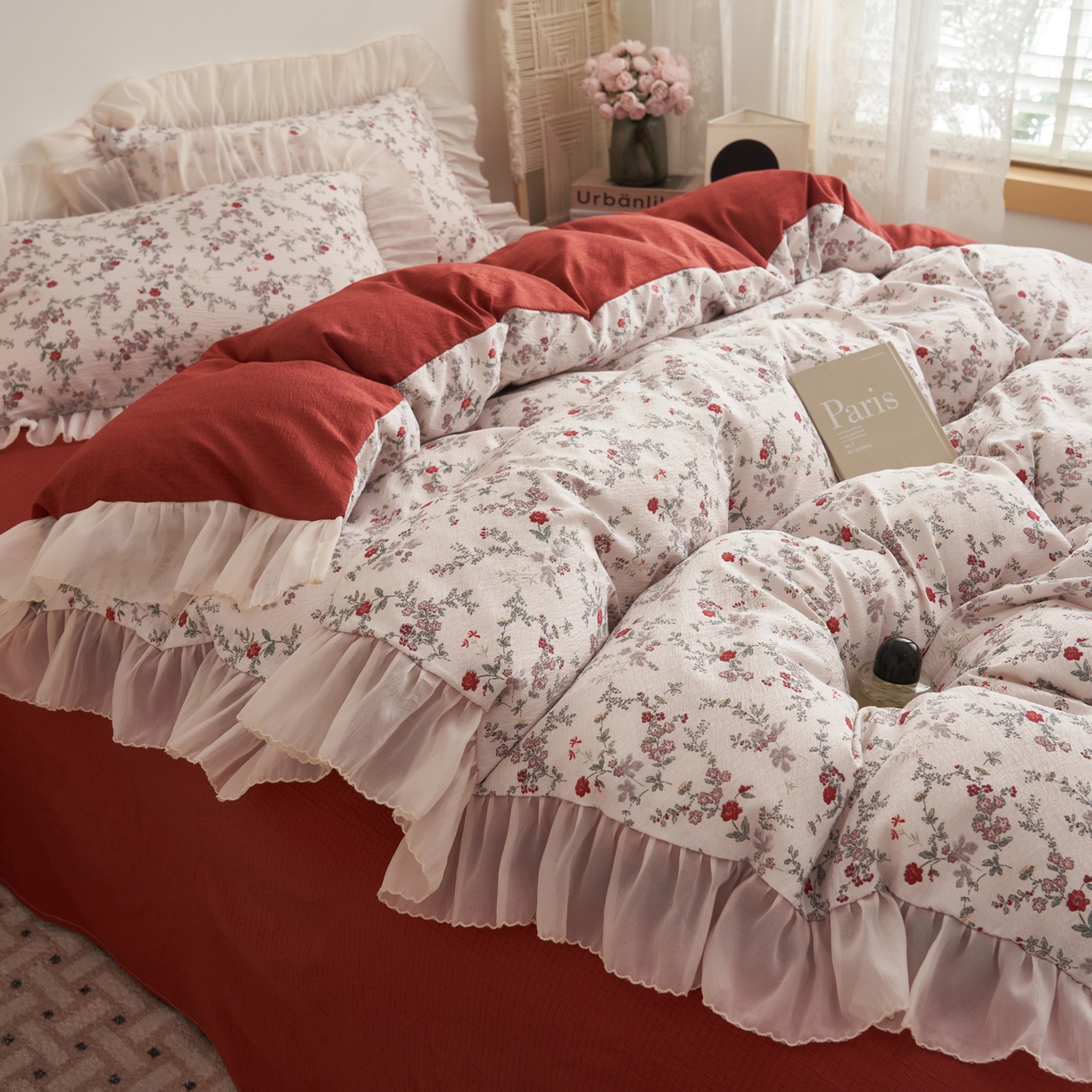 91家纺网 家纺一手货源 找家纺 晨曦家纺 2026春夏新款皱雾纱泡芙纱水洗少女ins风韩版四件套 雾里蔷薇