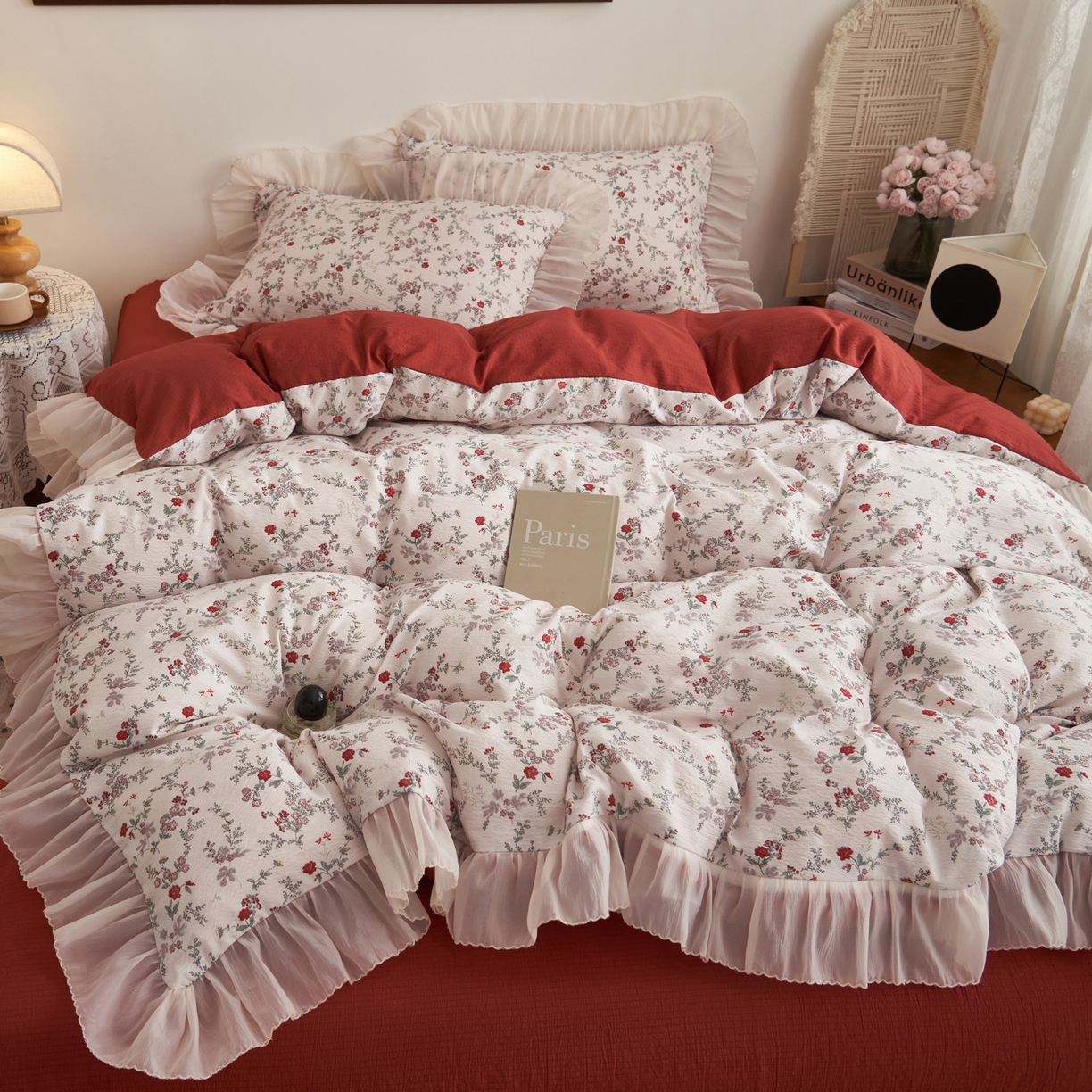 91家纺网 家纺一手货源 找家纺 晨曦家纺 2026春夏新款皱雾纱泡芙纱水洗少女ins风韩版四件套 雾里蔷薇