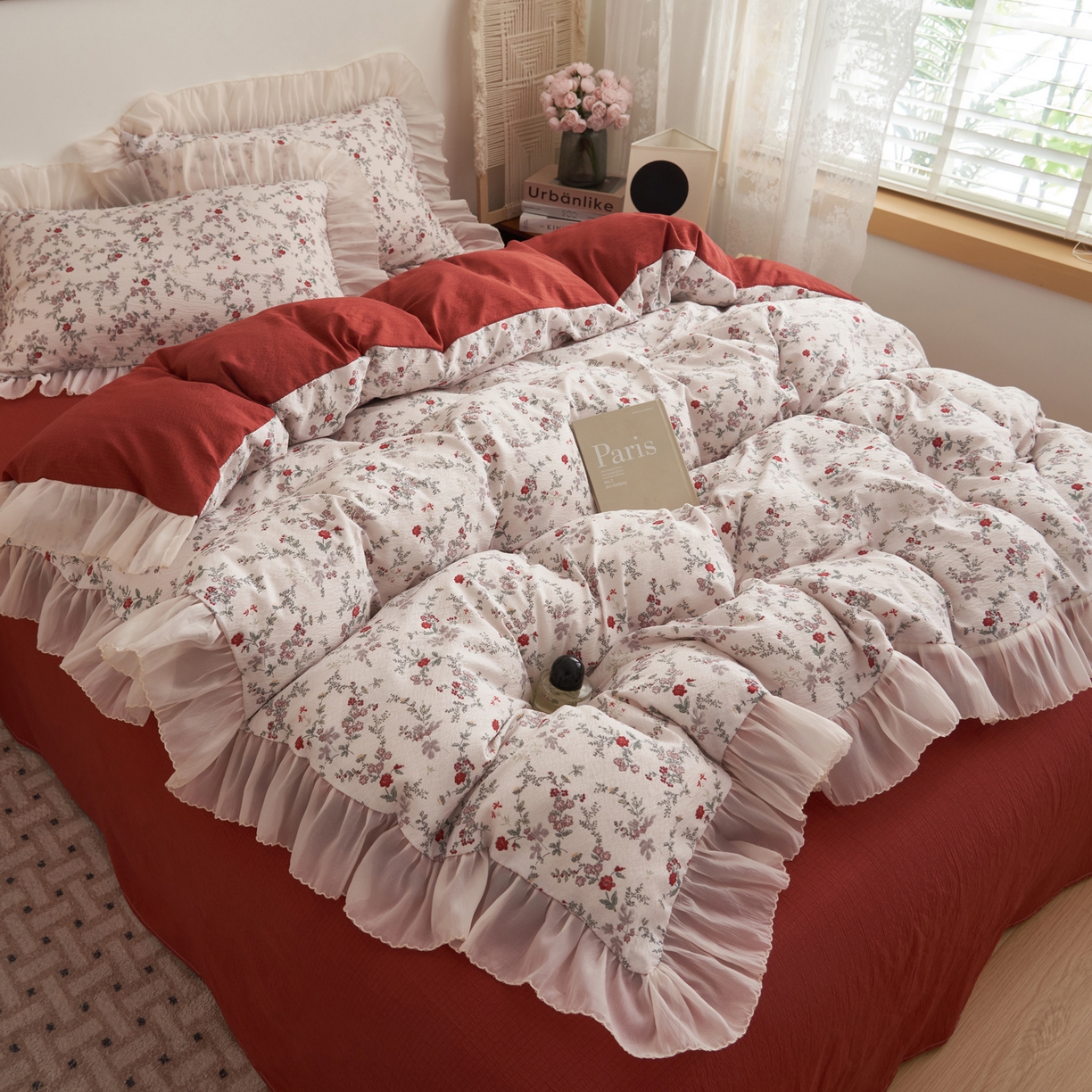 91家纺网 家纺一手货源 找家纺 晨曦家纺 2026春夏新款皱雾纱泡芙纱水洗少女ins风韩版四件套 雾里蔷薇