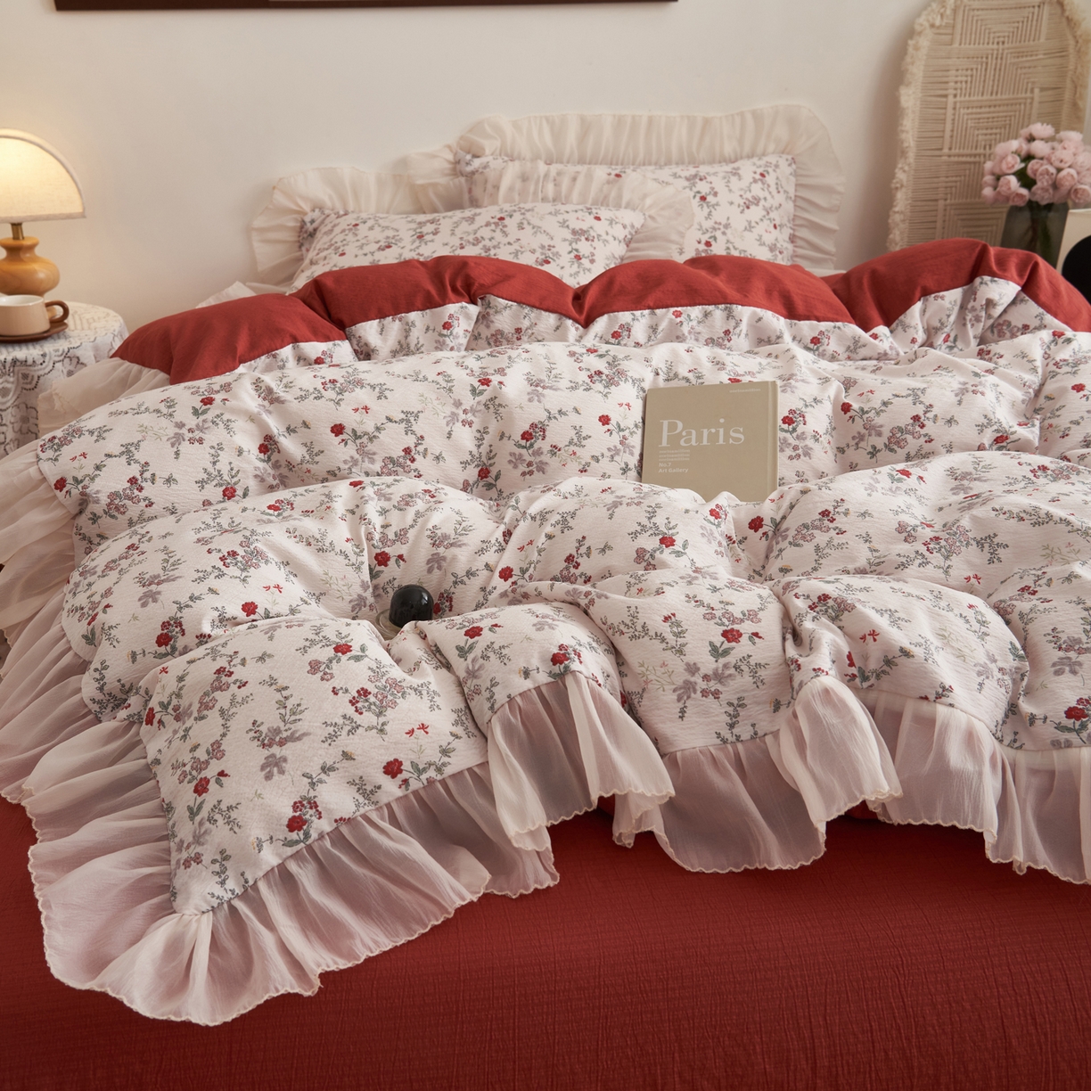 91家纺网 家纺一手货源 找家纺 晨曦家纺 2026春夏新款皱雾纱泡芙纱水洗少女ins风韩版四件套 雾里蔷薇