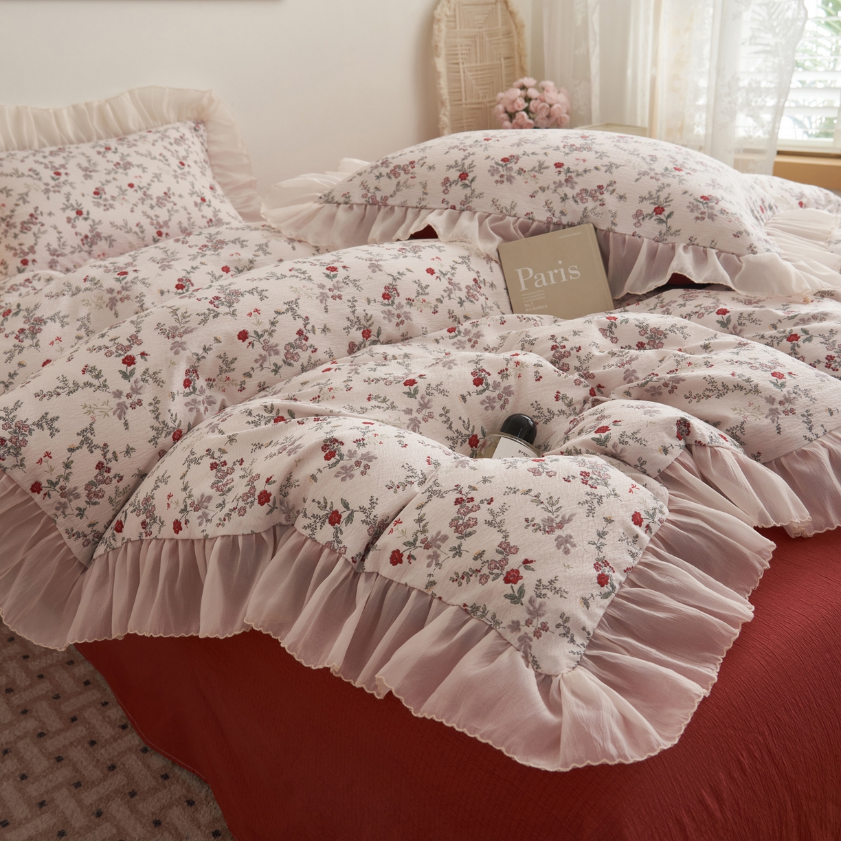 91家纺网 家纺一手货源 找家纺 晨曦家纺 2026春夏新款皱雾纱泡芙纱水洗少女ins风韩版四件套 雾里蔷薇