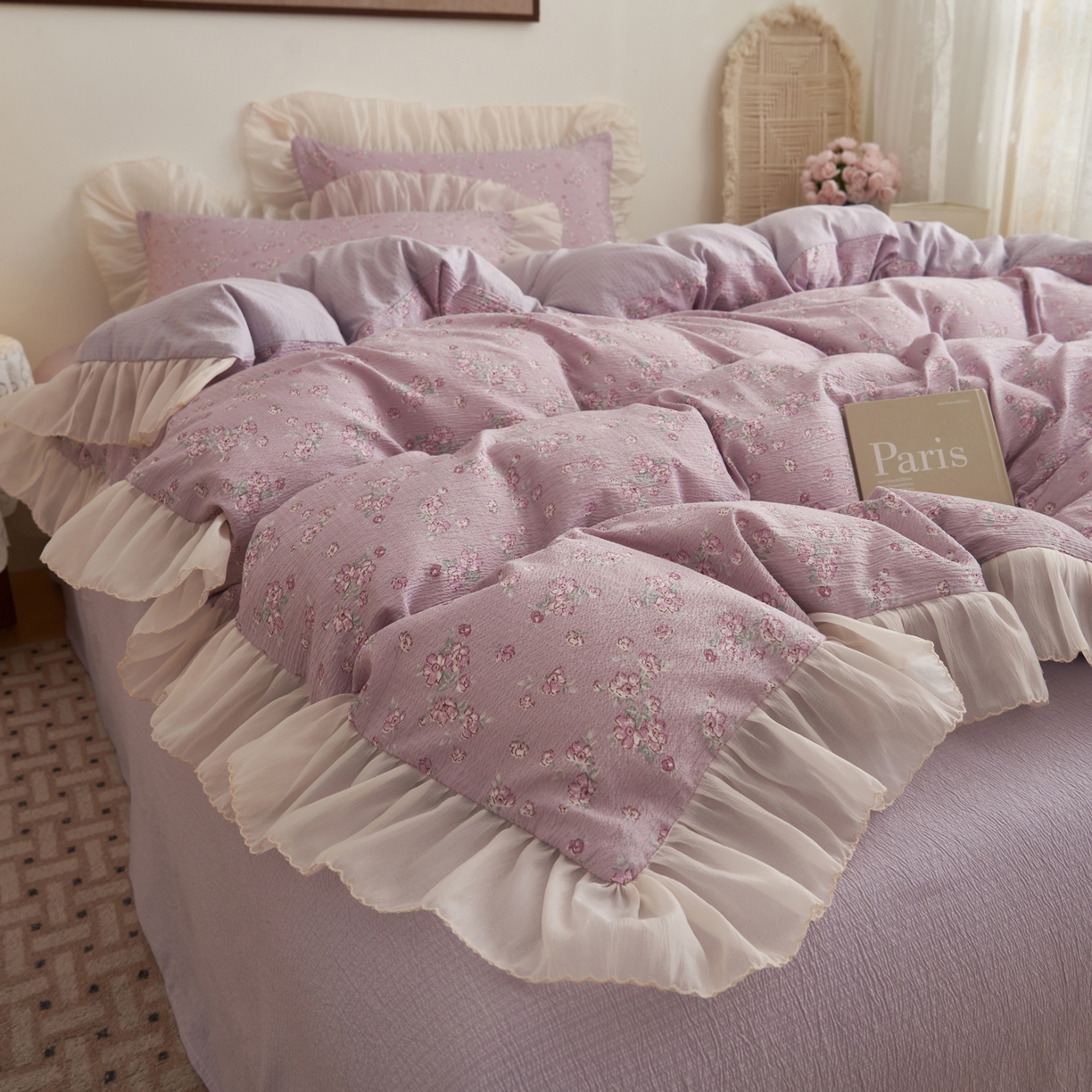 91家纺网 家纺一手货源 找家纺 晨曦家纺 2026春夏新款皱雾纱泡芙纱水洗少女ins风韩版四件套 雾紫花信