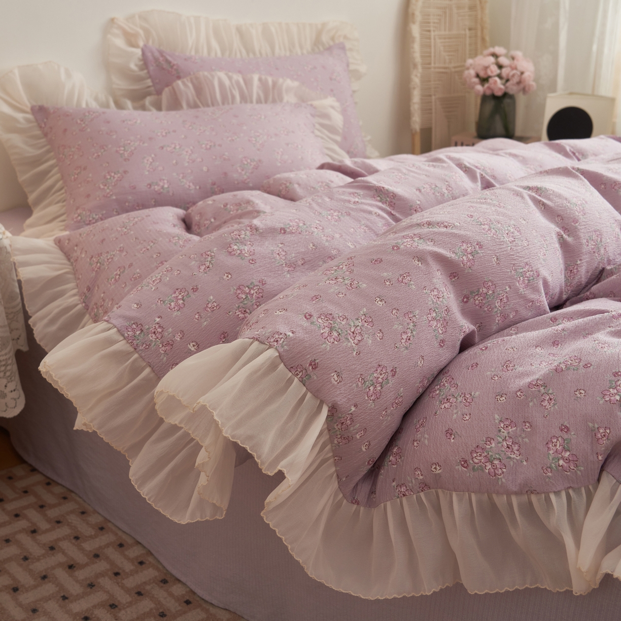 91家纺网 家纺一手货源 找家纺 晨曦家纺 2026春夏新款皱雾纱泡芙纱水洗少女ins风韩版四件套 雾紫花信