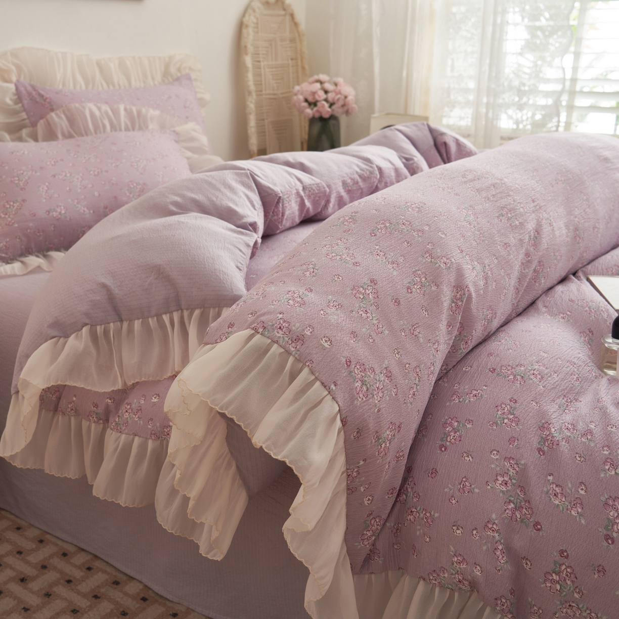 91家纺网 家纺一手货源 找家纺 晨曦家纺 2026春夏新款皱雾纱泡芙纱水洗少女ins风韩版四件套 雾紫花信