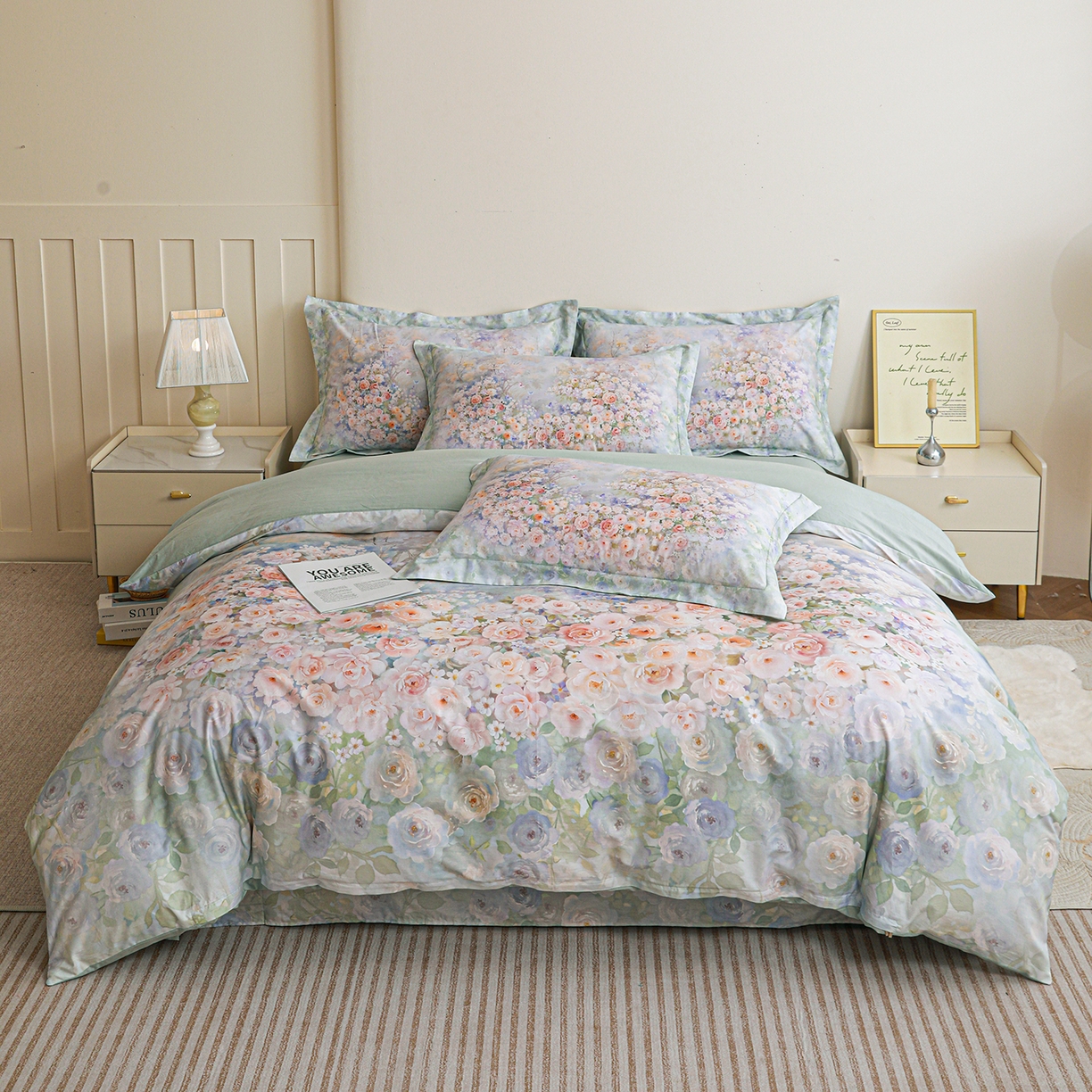 朵希曼 2026新款全棉纯棉大版定位13376数码印花系列四件套 油画意境-绿