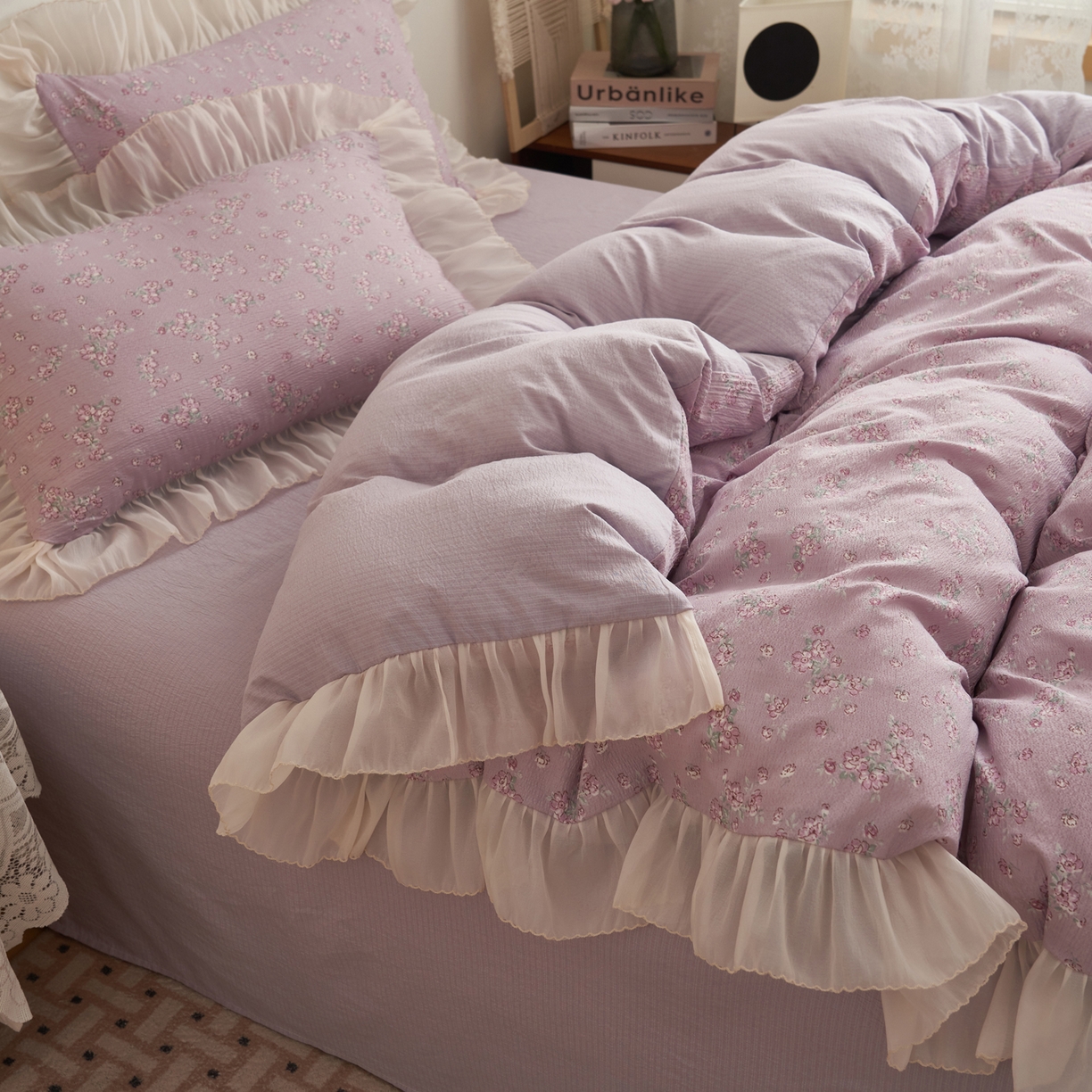 91家纺网 家纺一手货源 找家纺 晨曦家纺 2026春夏新款皱雾纱泡芙纱水洗少女ins风韩版四件套 雾紫花信