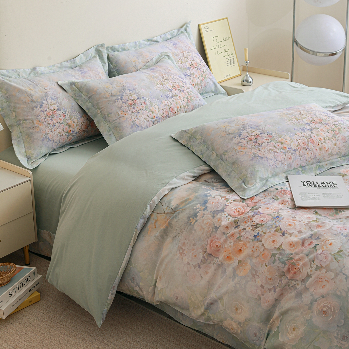 91家纺网 家纺一手货源 找家纺 朵希曼 2026新款全棉纯棉大版定位13376数码印花系列四件套 油画意境-绿