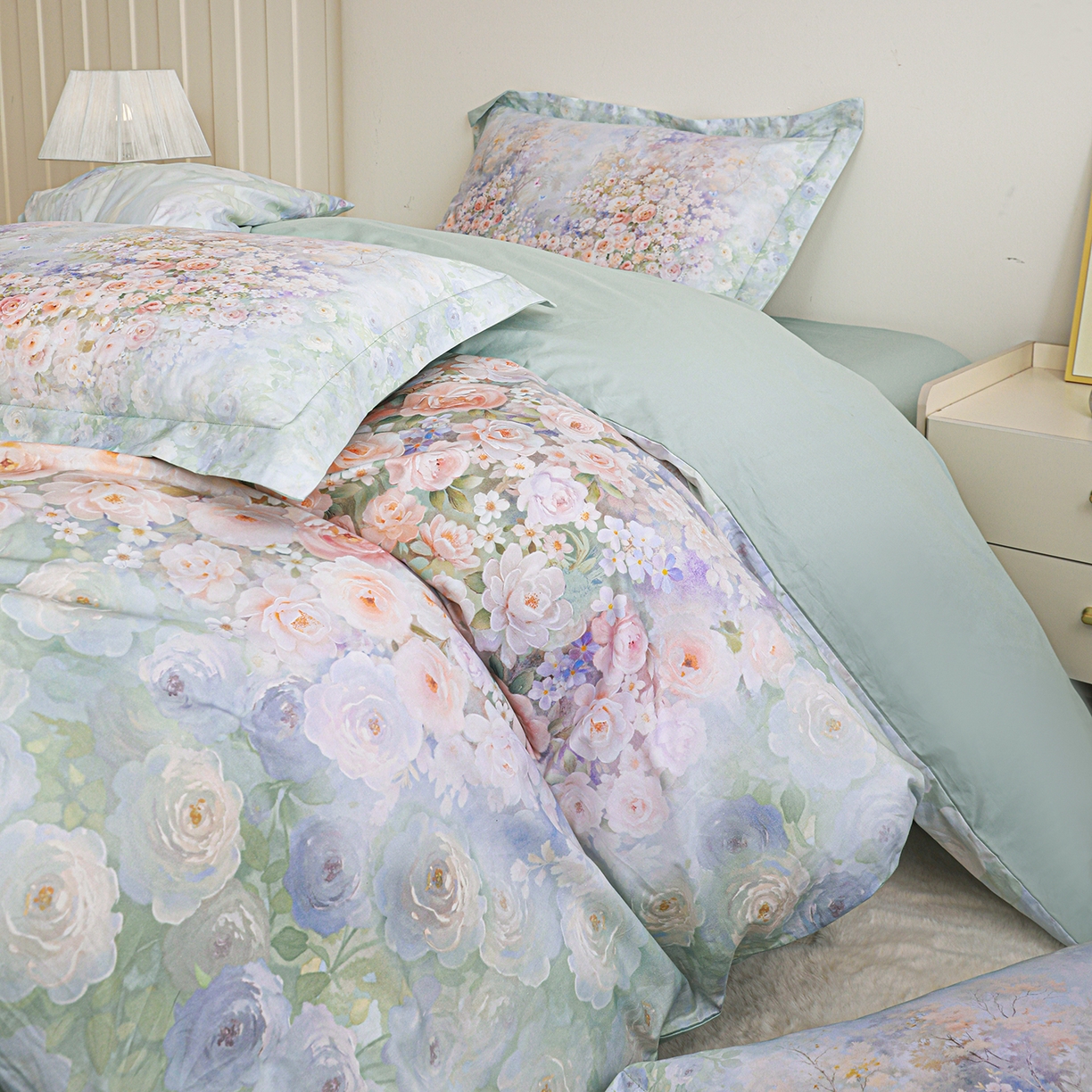 91家纺网 家纺一手货源 找家纺 朵希曼 2026新款全棉纯棉大版定位13376数码印花系列四件套 油画意境-绿