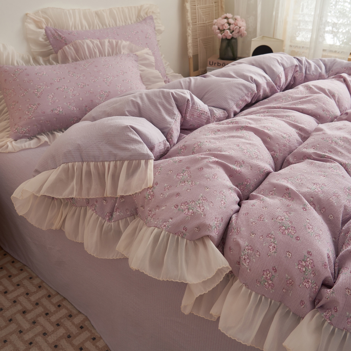 91家纺网 家纺一手货源 找家纺 晨曦家纺 2026春夏新款皱雾纱泡芙纱水洗少女ins风韩版四件套 雾紫花信