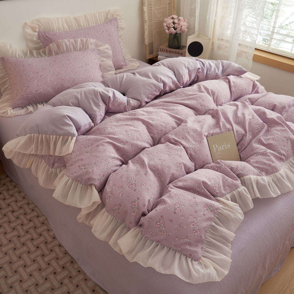 91家纺网 家纺一手货源 找家纺 晨曦家纺 2026春夏新款皱雾纱泡芙纱水洗少女ins风韩版四件套 雾紫花信