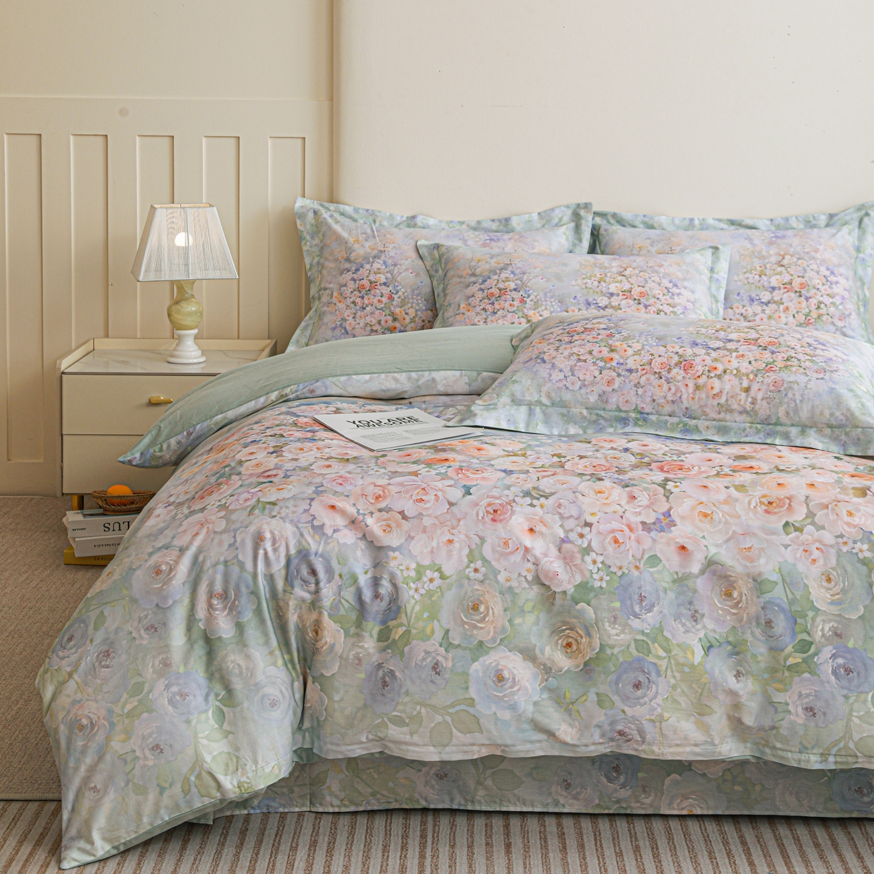 91家纺网 家纺一手货源 找家纺 朵希曼 2026新款全棉纯棉大版定位13376数码印花系列四件套 油画意境-绿