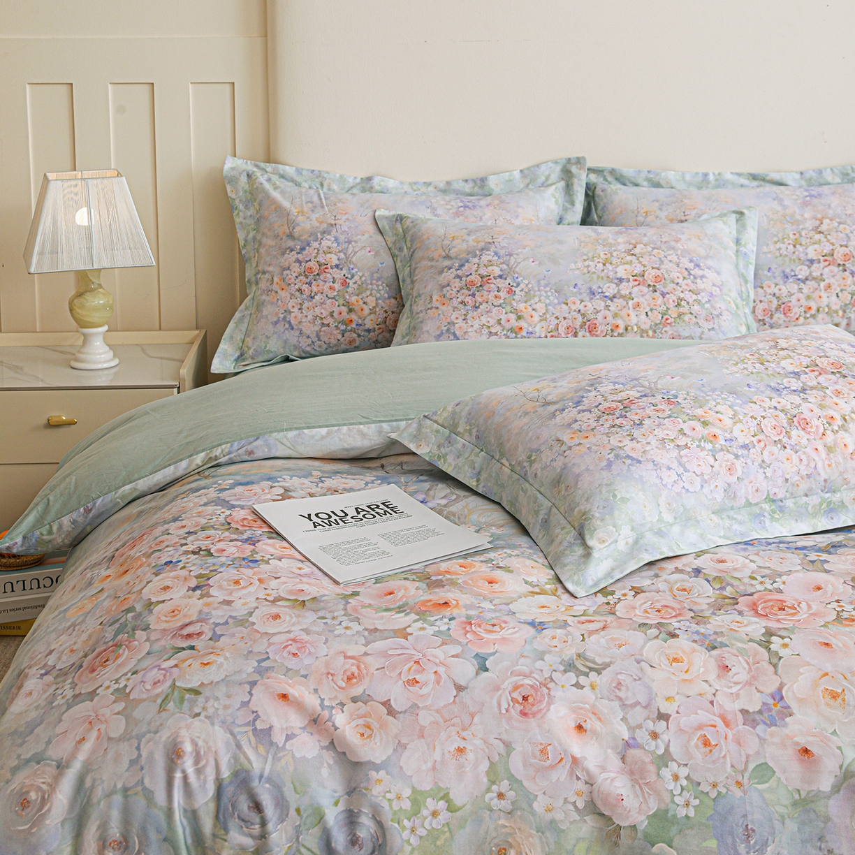 91家纺网 家纺一手货源 找家纺 朵希曼 2026新款全棉纯棉大版定位13376数码印花系列四件套 油画意境-绿