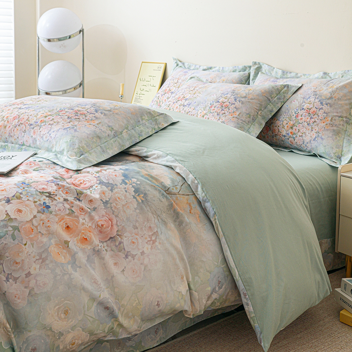 91家纺网 家纺一手货源 找家纺 朵希曼 2026新款全棉纯棉大版定位13376数码印花系列四件套 油画意境-绿