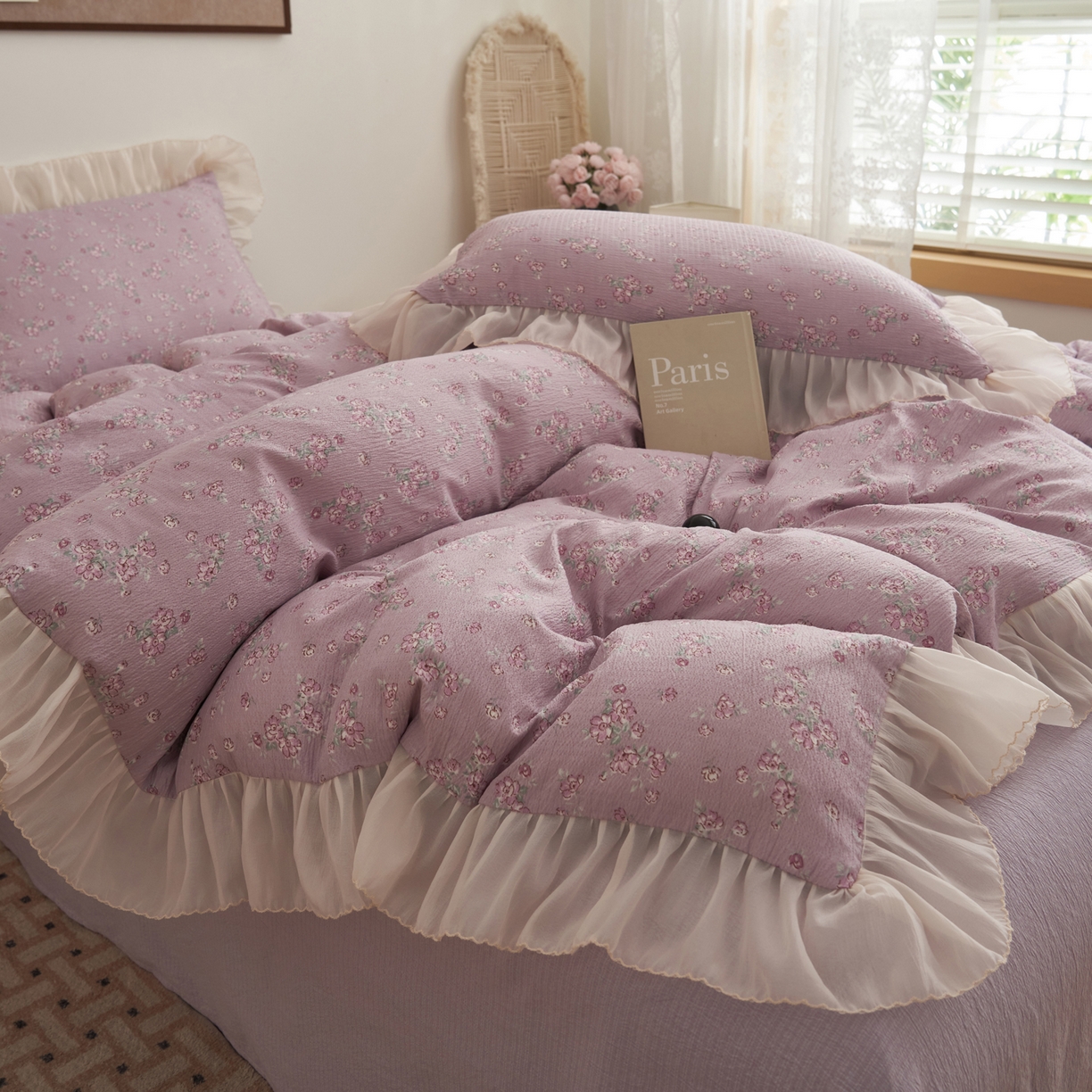 91家纺网 家纺一手货源 找家纺 晨曦家纺 2026春夏新款皱雾纱泡芙纱水洗少女ins风韩版四件套 雾紫花信