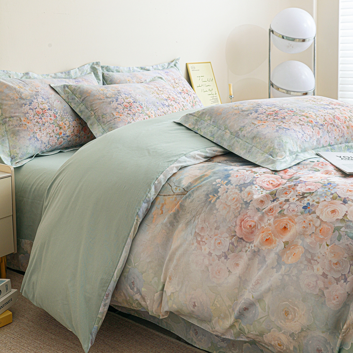 91家纺网 家纺一手货源 找家纺 朵希曼 2026新款全棉纯棉大版定位13376数码印花系列四件套 油画意境-绿