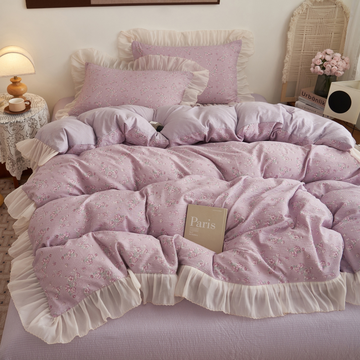 91家纺网 家纺一手货源 找家纺 晨曦家纺 2026春夏新款皱雾纱泡芙纱水洗少女ins风韩版四件套 雾紫花信