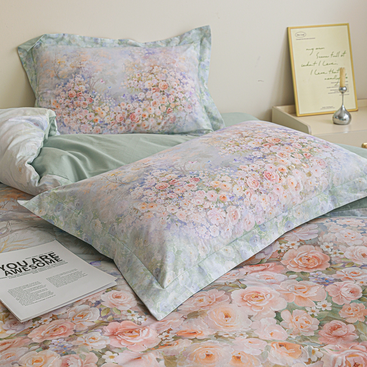 91家纺网 家纺一手货源 找家纺 朵希曼 2026新款全棉纯棉大版定位13376数码印花系列四件套 油画意境-绿