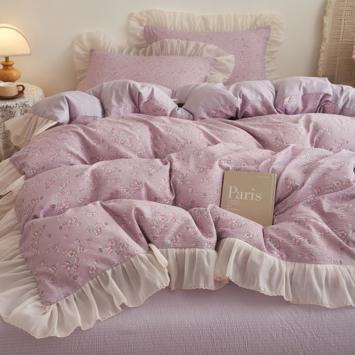 91家纺网 家纺一手货源 找家纺 晨曦家纺 2026春夏新款皱雾纱泡芙纱水洗少女ins风韩版四件套 雾紫花信