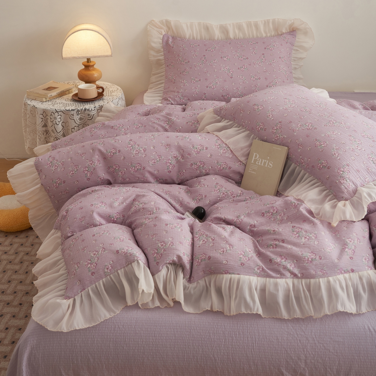 91家纺网 家纺一手货源 找家纺 晨曦家纺 2026春夏新款皱雾纱泡芙纱水洗少女ins风韩版四件套 雾紫花信